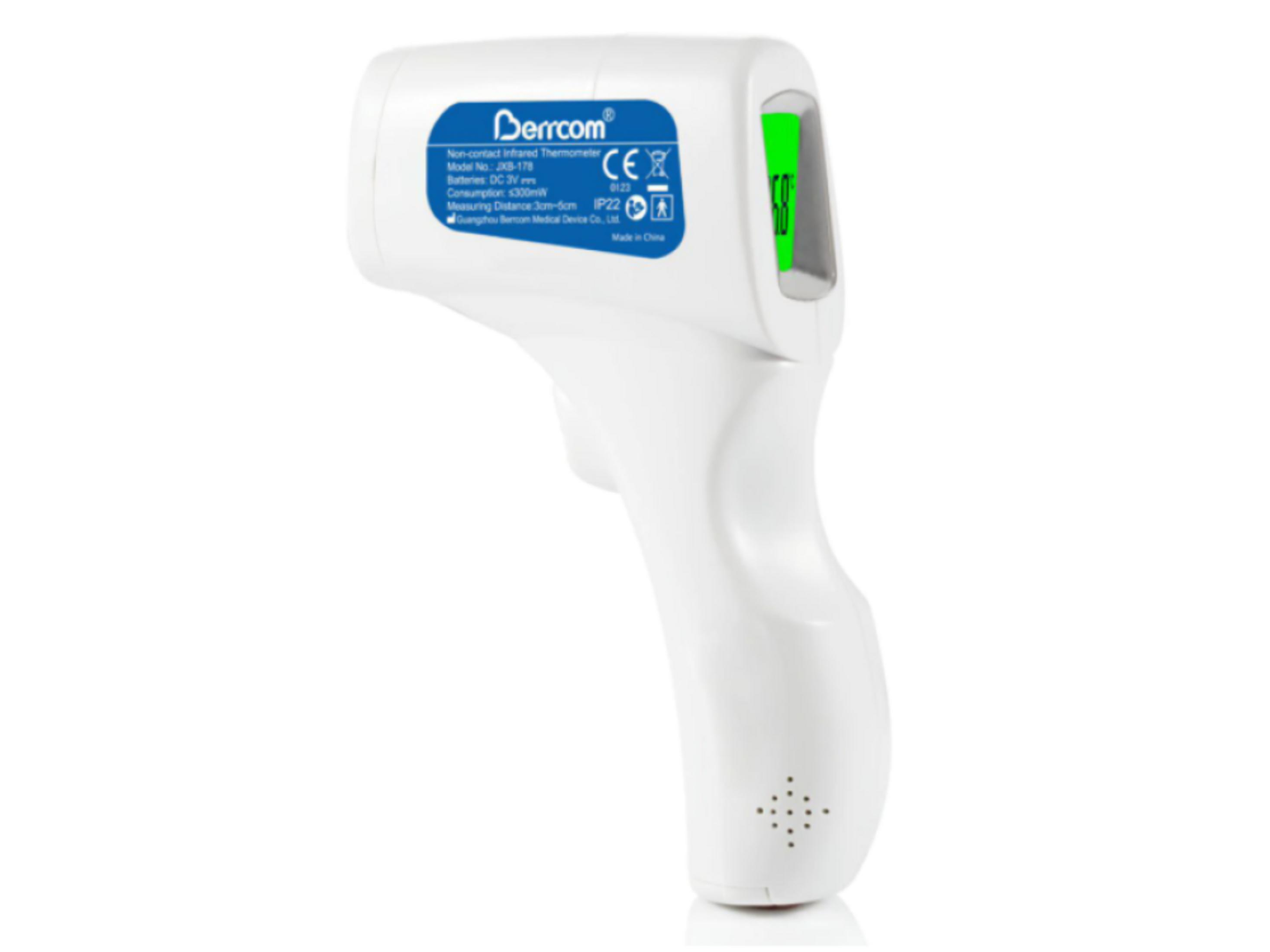 Ein weißes berührungsloses Infrarotthermometer mit grünem Display, das 36.8 anzeigt.