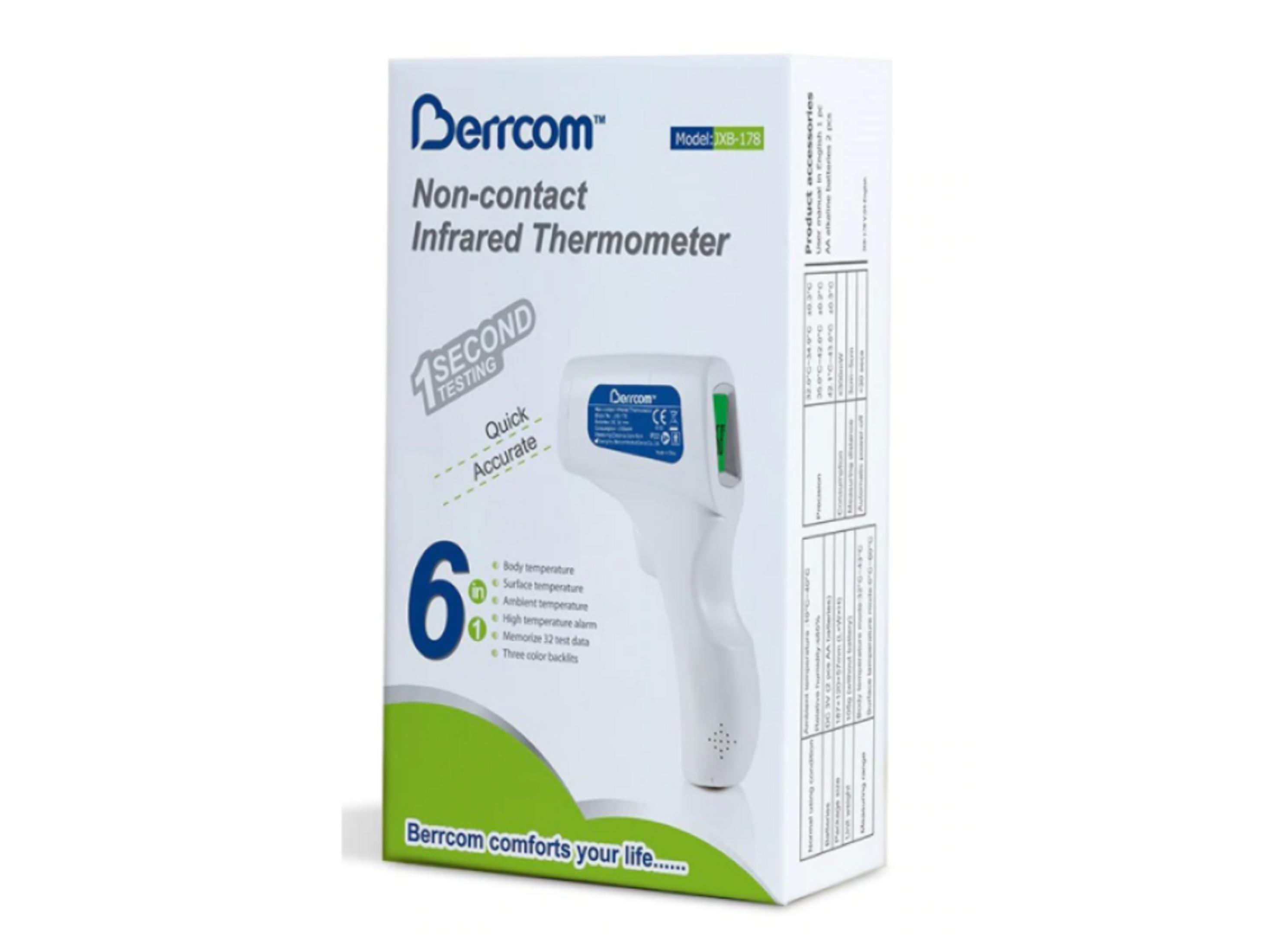 Verpackung eines weißen, berührungslosen Infrarotthermometers mit blauen und grünen Akzenten.