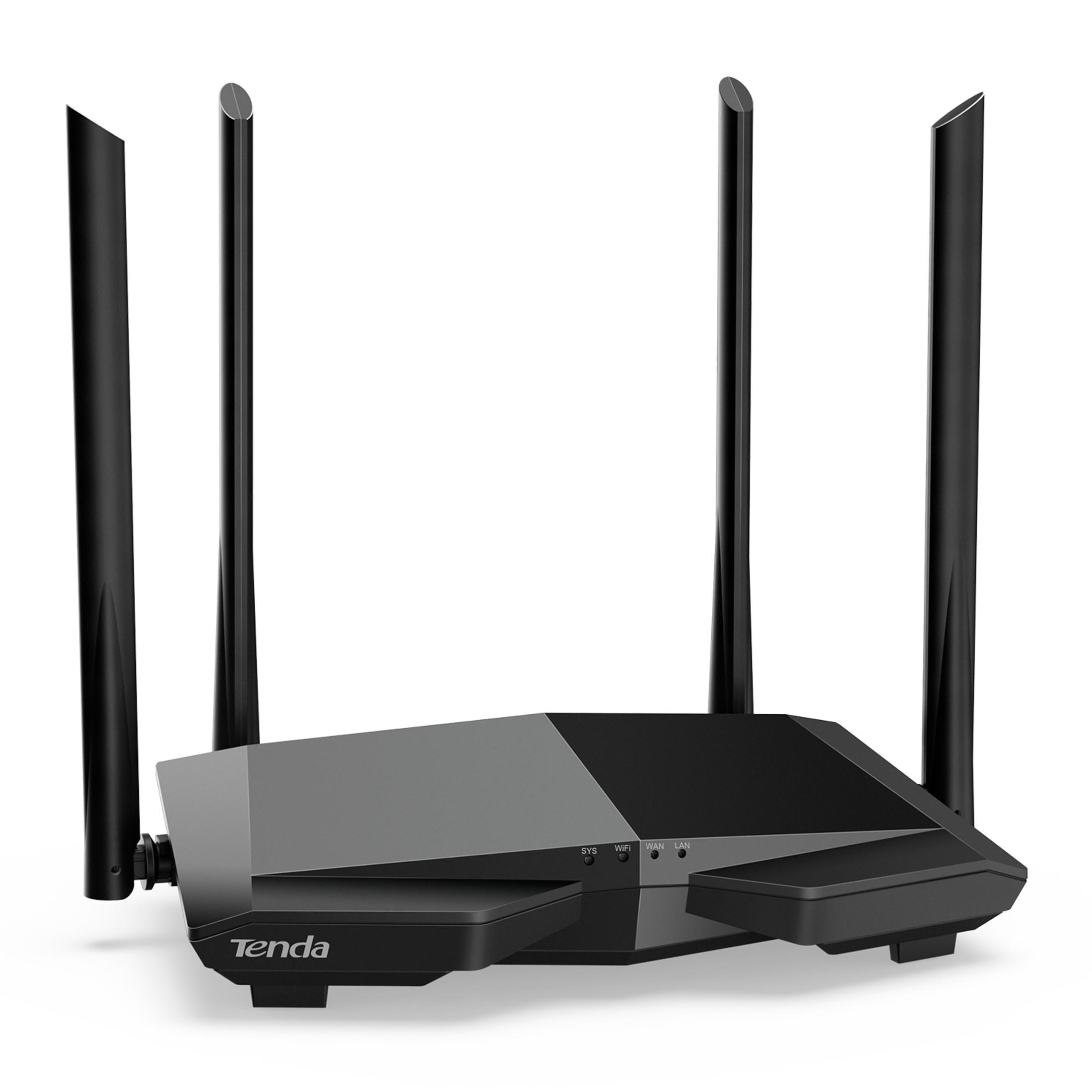 Un router Tenda nero con quattro antenne e indicatori LED.
