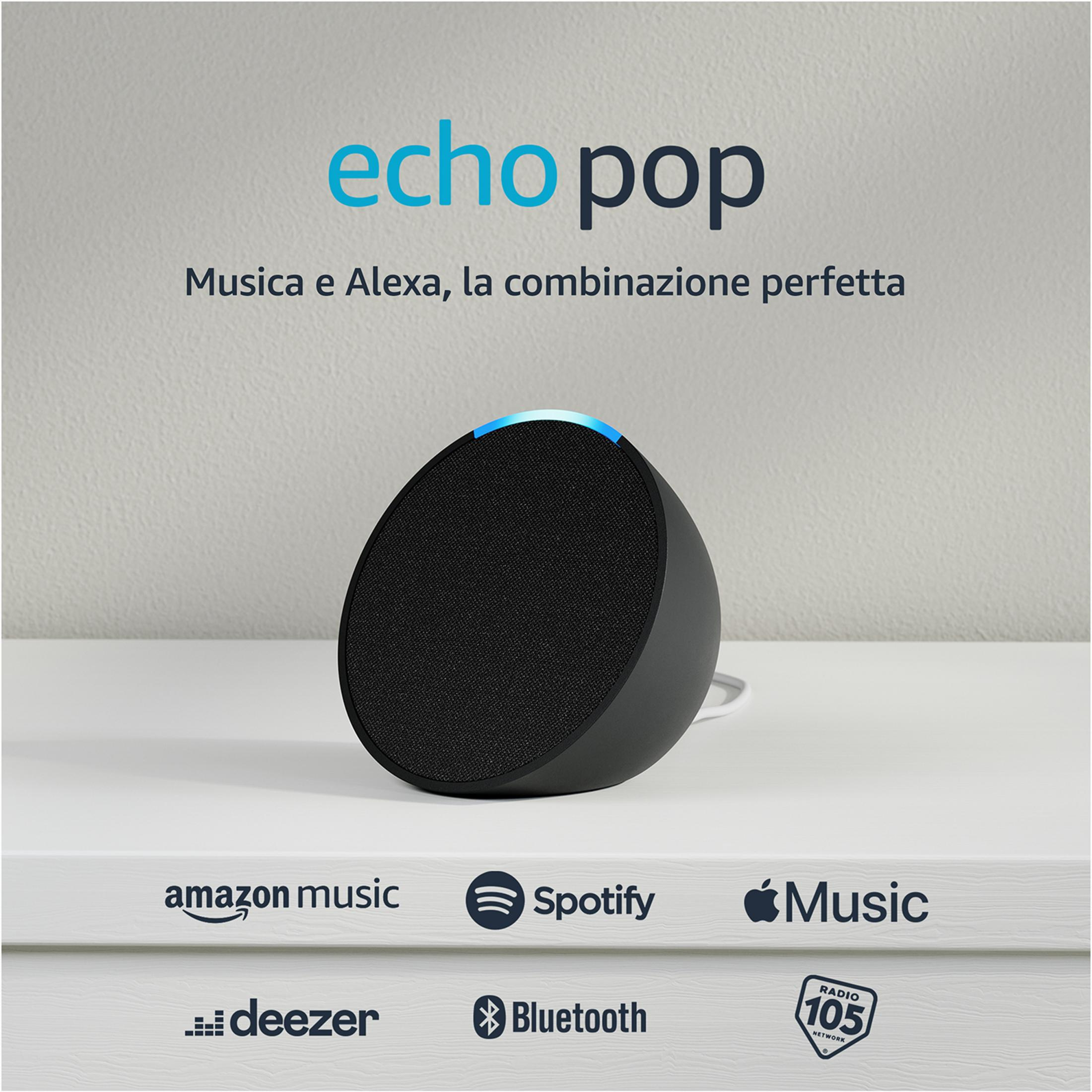 Un altoparlante Echo Pop nero con luce blu, circondato da loghi di servizi musicali.
