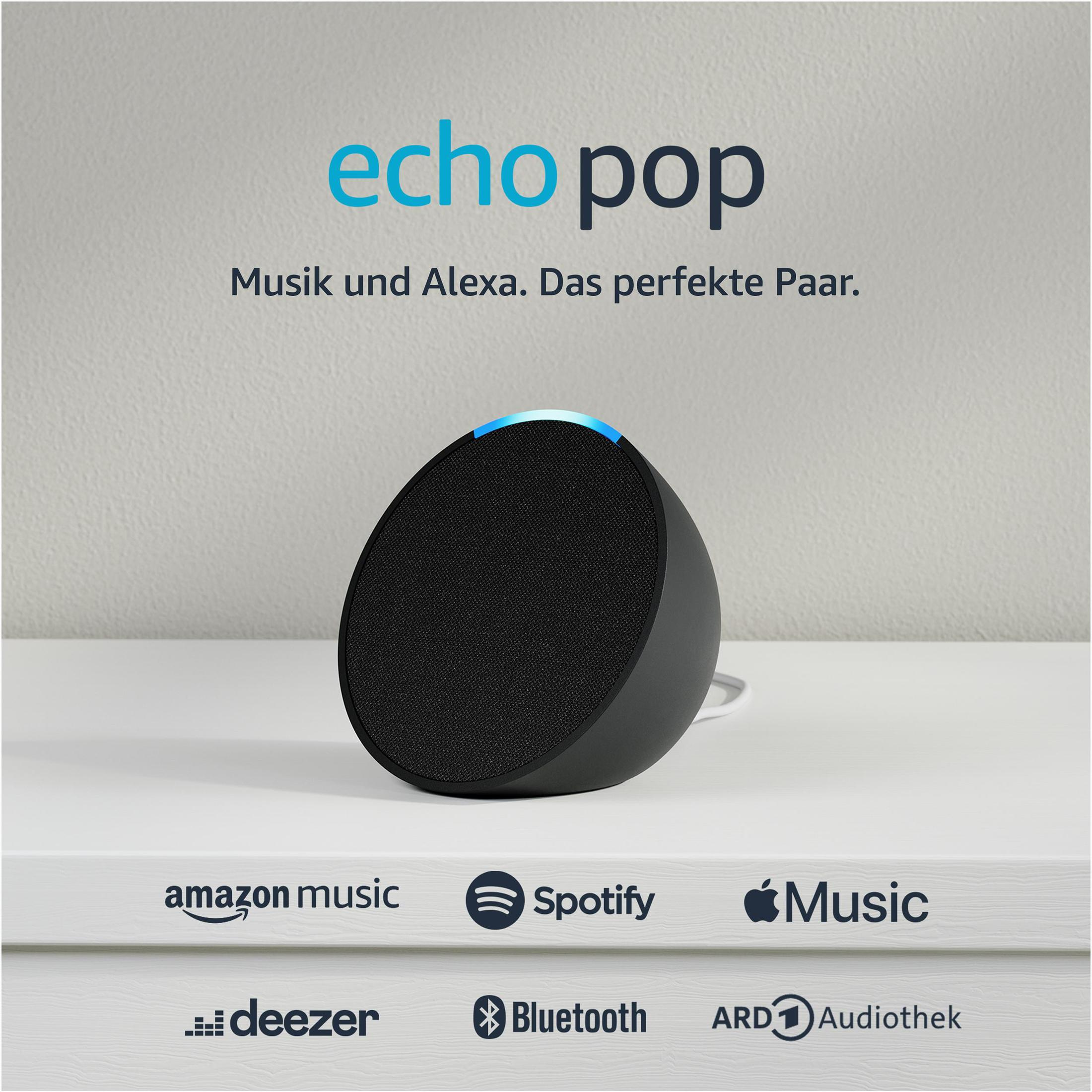 Un altoparlante Echo Pop nero con luce blu in cima.