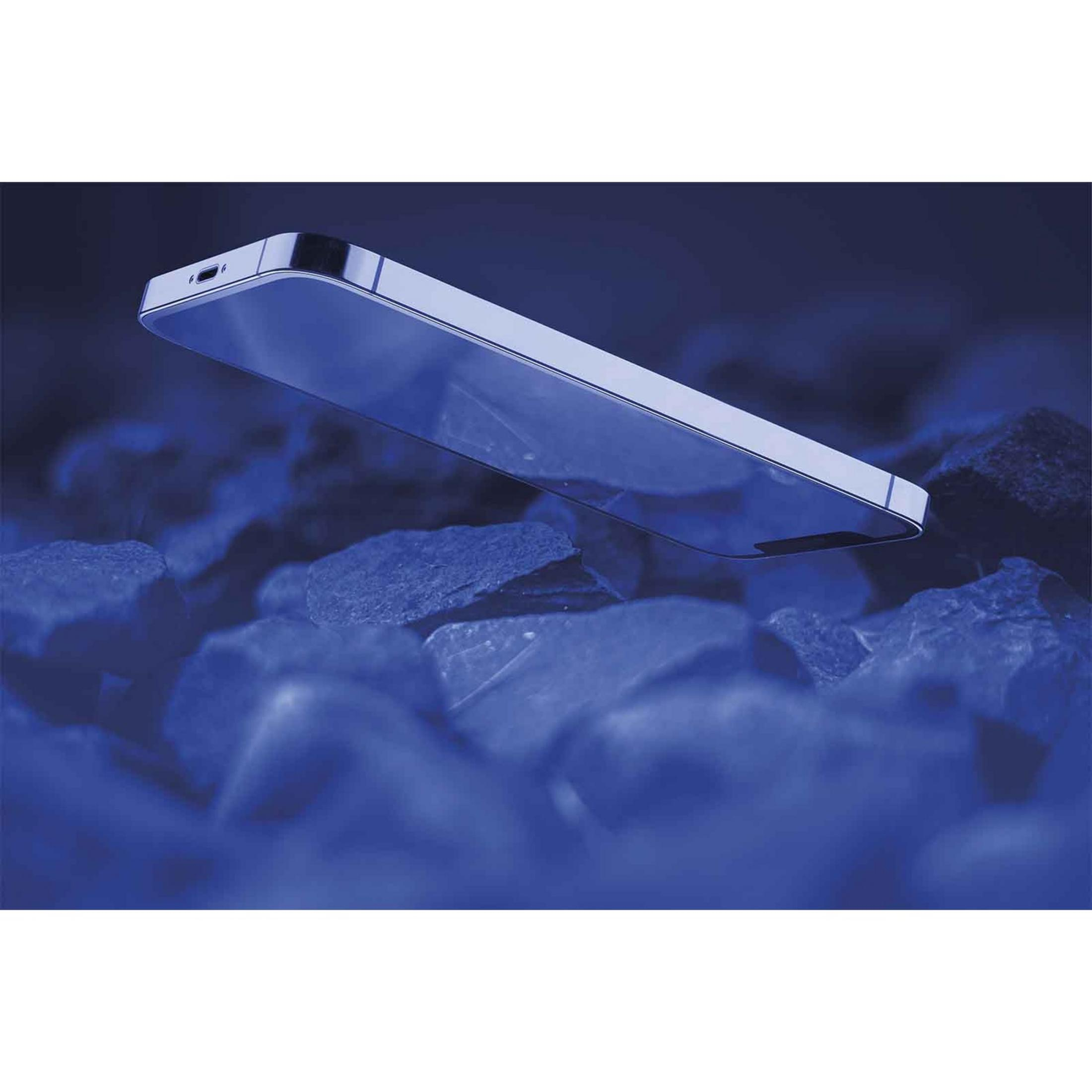 Un smartphone plateado flota sobre rocas azul oscuro. La escena está iluminada en azul.