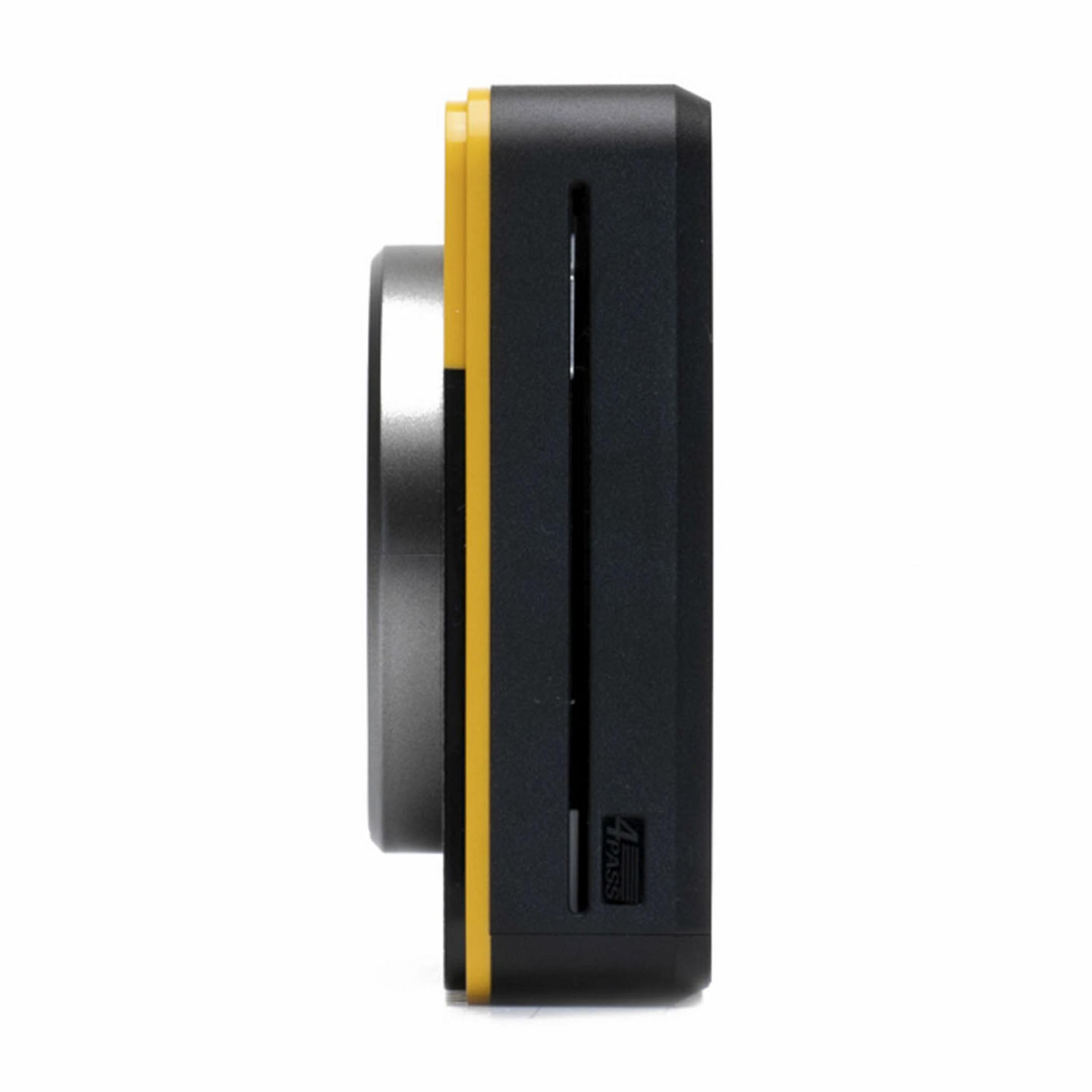 Dispositivo nero e giallo con lente argentata, vista laterale.
