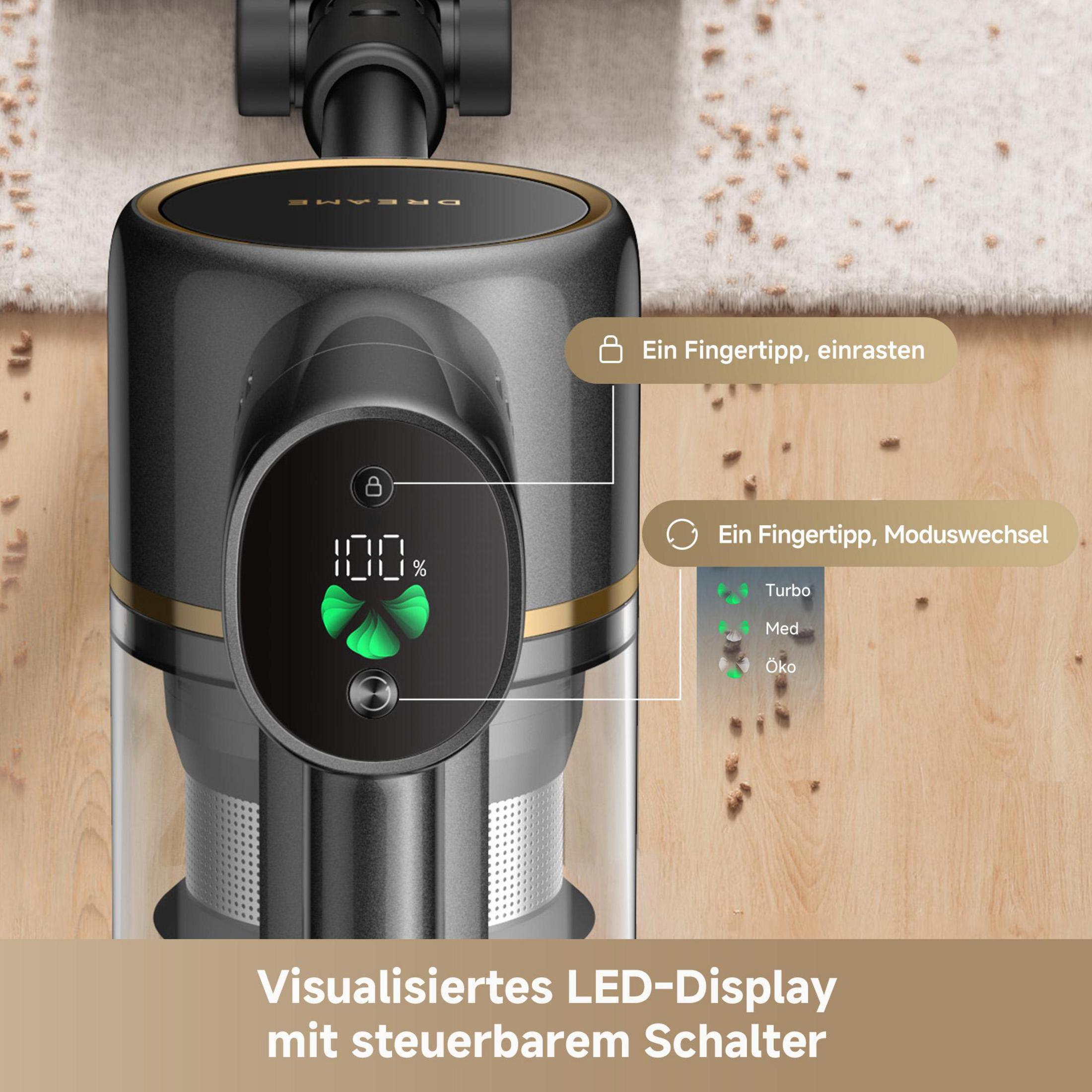 Aspiradora negra con pantalla LED que muestra 100%. Modos: Turbo, Med, Eco.
