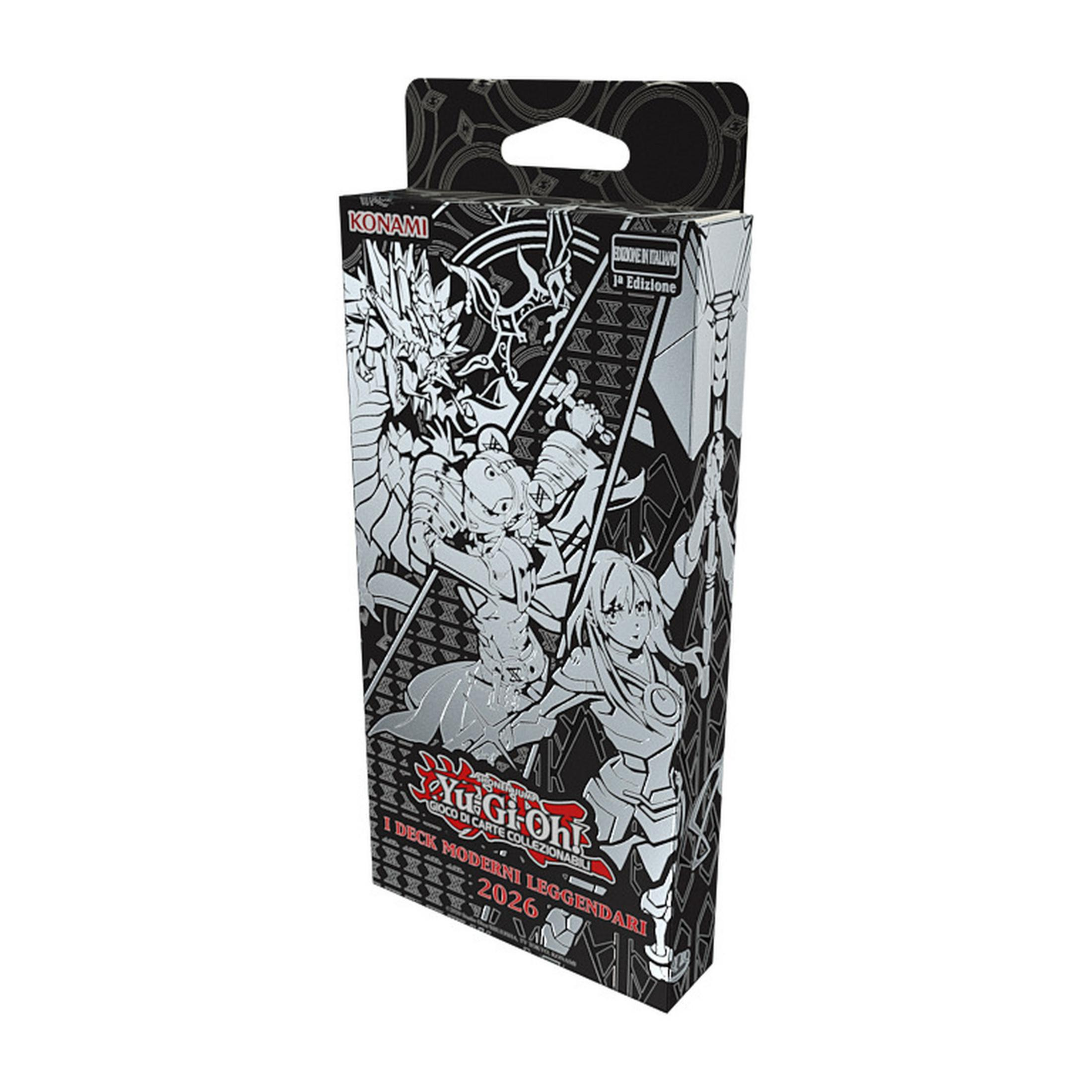 Una scatola di carte Yu-Gi-Oh! con personaggi anime e il titolo 'I DECK MODERNI LEGGENDARI 2026'.