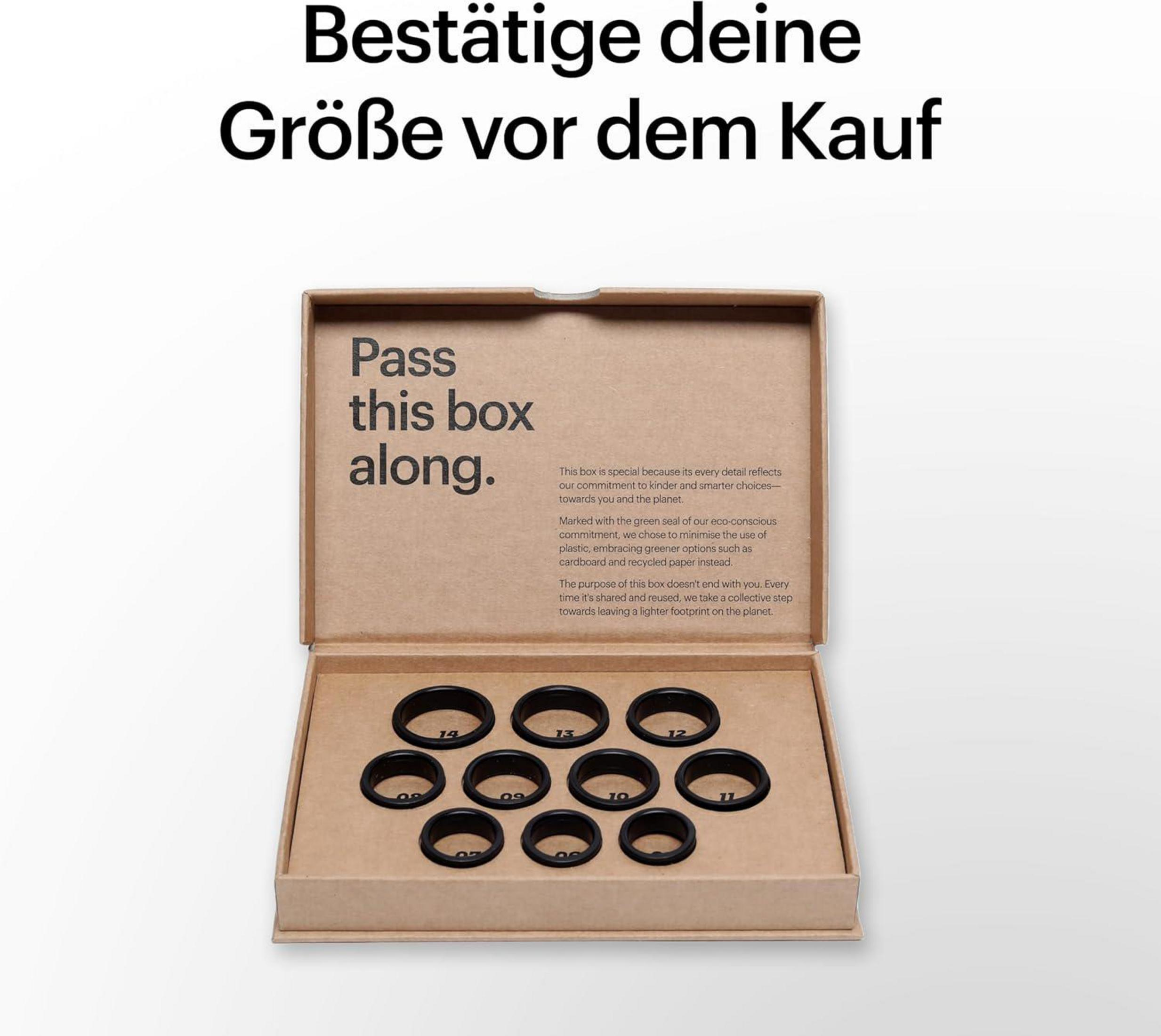 Ein Karton mit verschiedenen schwarzen Ringen mit Nummern darin.