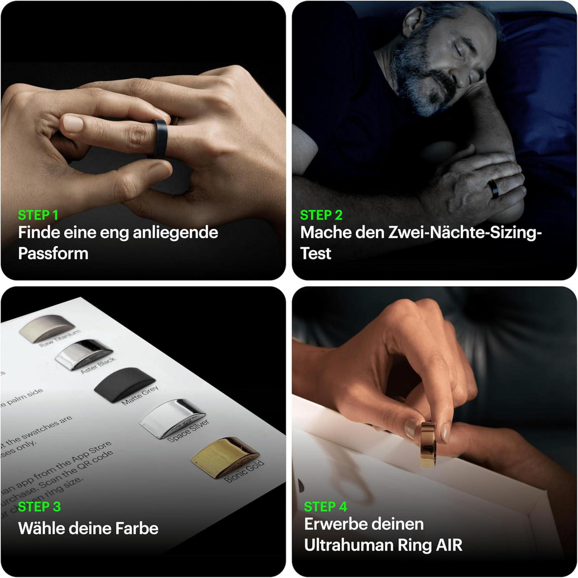 Schritt 1: Finde die passende Größe. Schritt 2: Mache den 2-Nächte-Test. Schritt 3: Wähle deine Farbe. Schritt 4: Erwerbe den Ring.