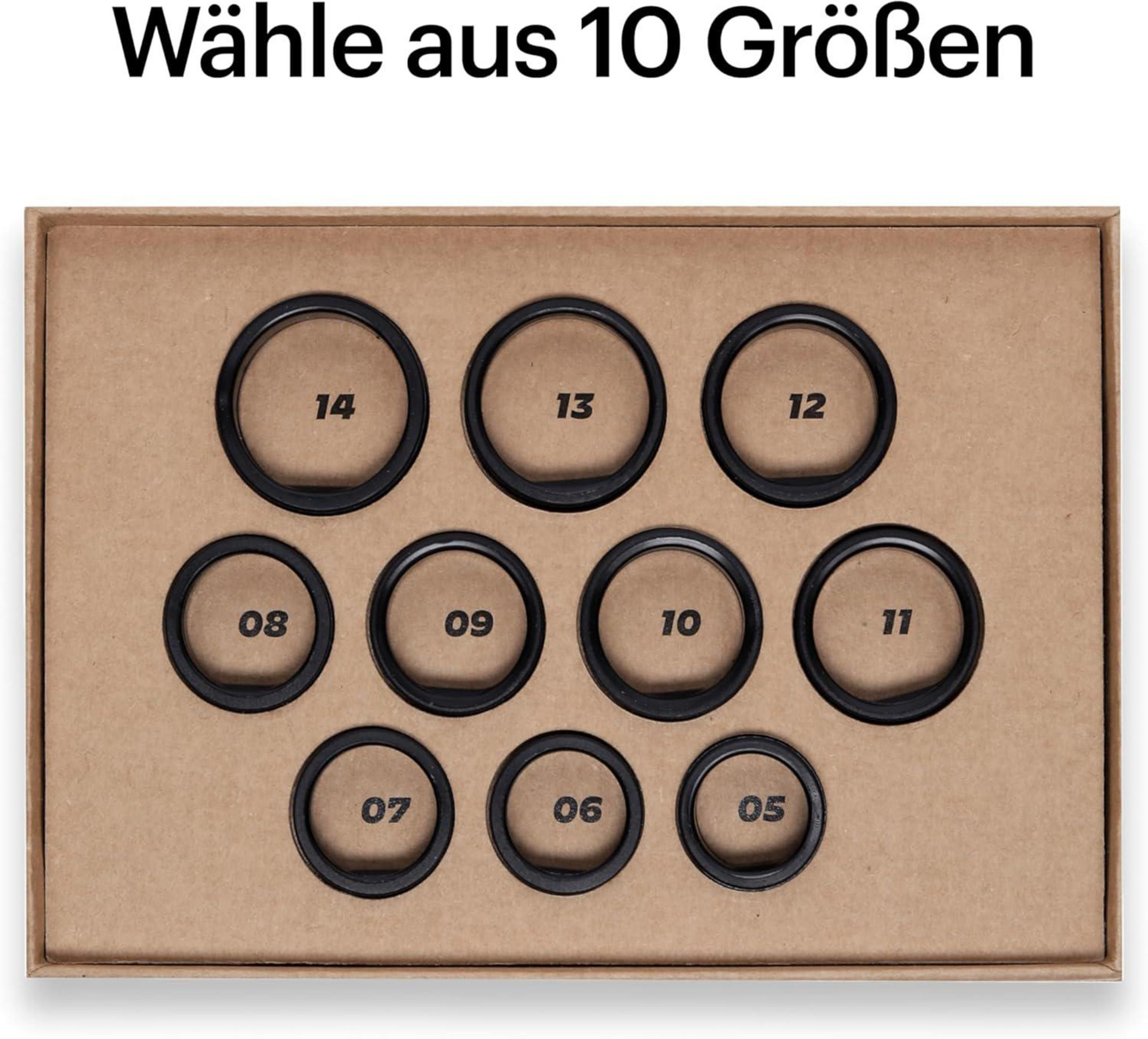 Zehn schwarze Ringe mit Nummern von 05 bis 14 in einem Karton.