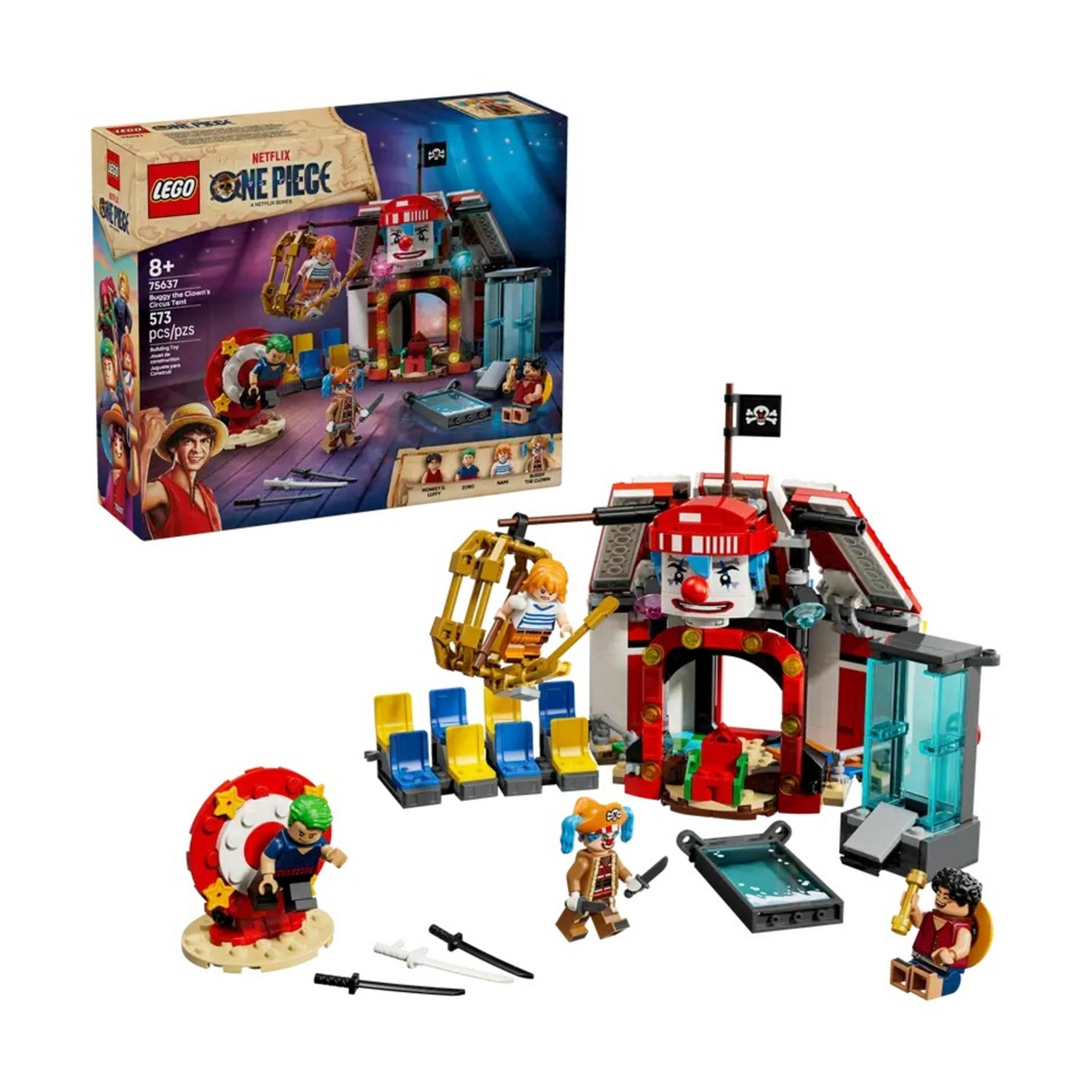 Zestaw Lego One Piece Namiot Cyrkowy Buggy'ego z postaciami i akcesoriami na białym tle.