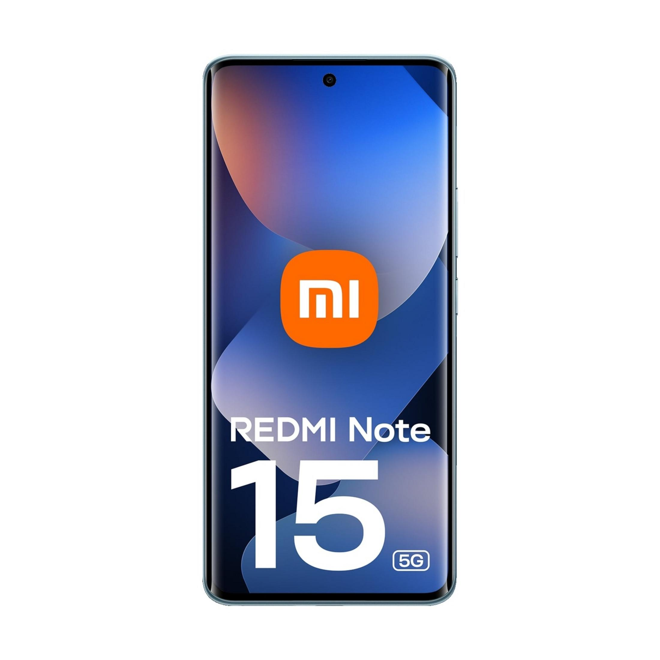 Uno smartphone azzurro con il logo Xiaomi e la scritta REDMI Note 15 5G.