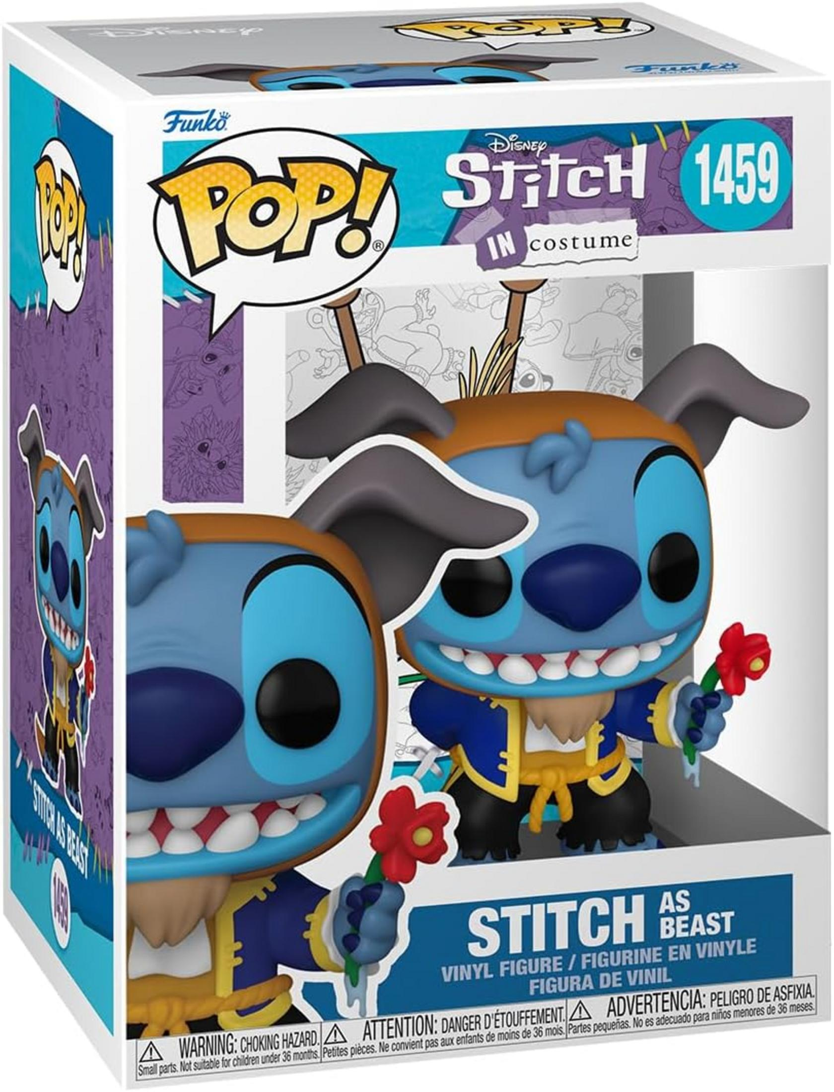 Action figure Funko Pop! in vinile di Stitch come Bestia, tiene un fiore rosso.
