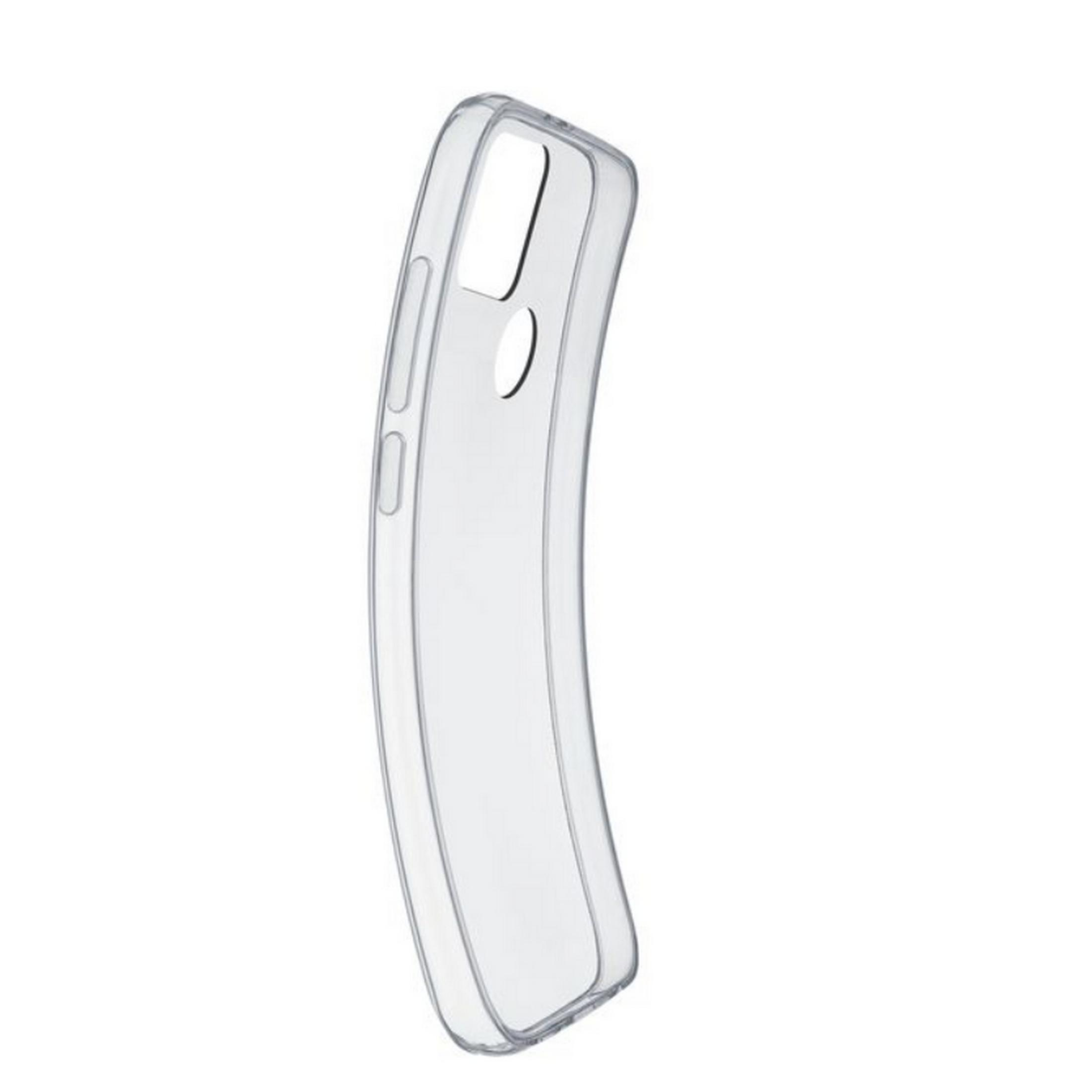 Custodia trasparente per telefono con ritagli per fotocamera e pulsanti.