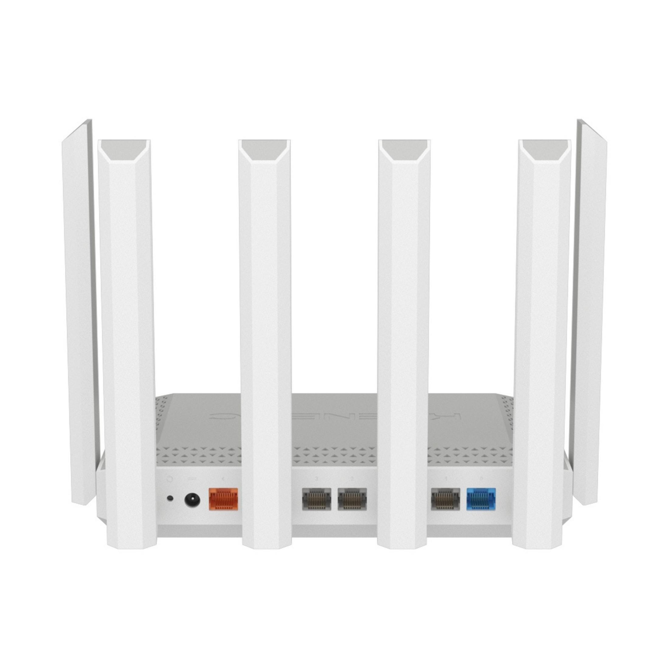 Arkada dört antenli ve çoklu Ethernet bağlantı noktalarına sahip beyaz yönlendirici.