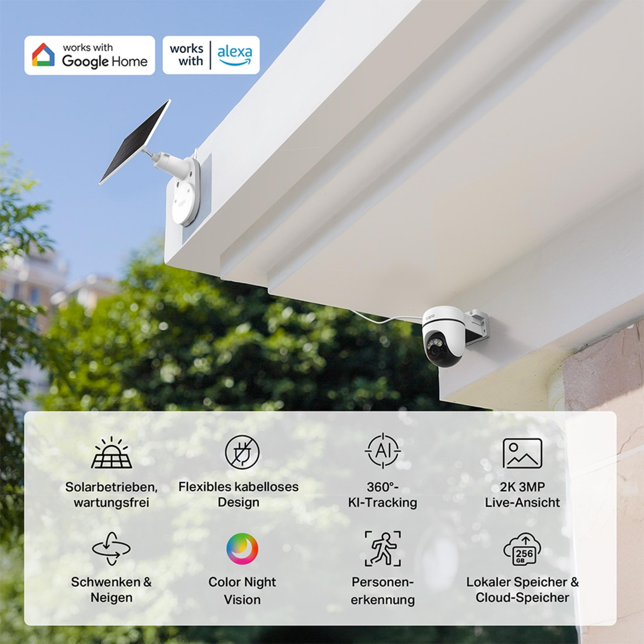 Telecamera di sicurezza con pannello solare, compatibile Google Home e Alexa.