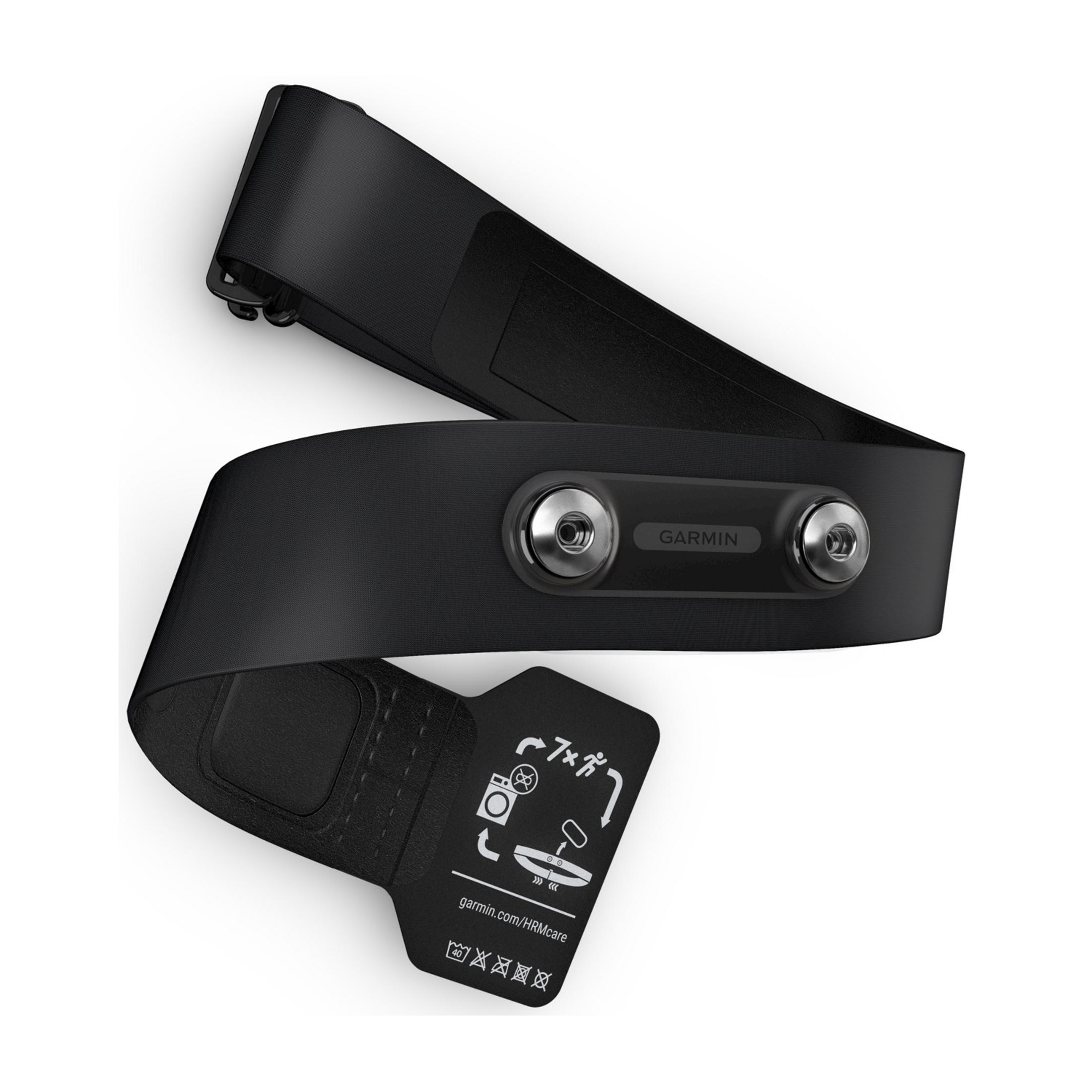 Fascia nera Garmin per cardiofrequenzimetro con sensori argentati e istruzioni.