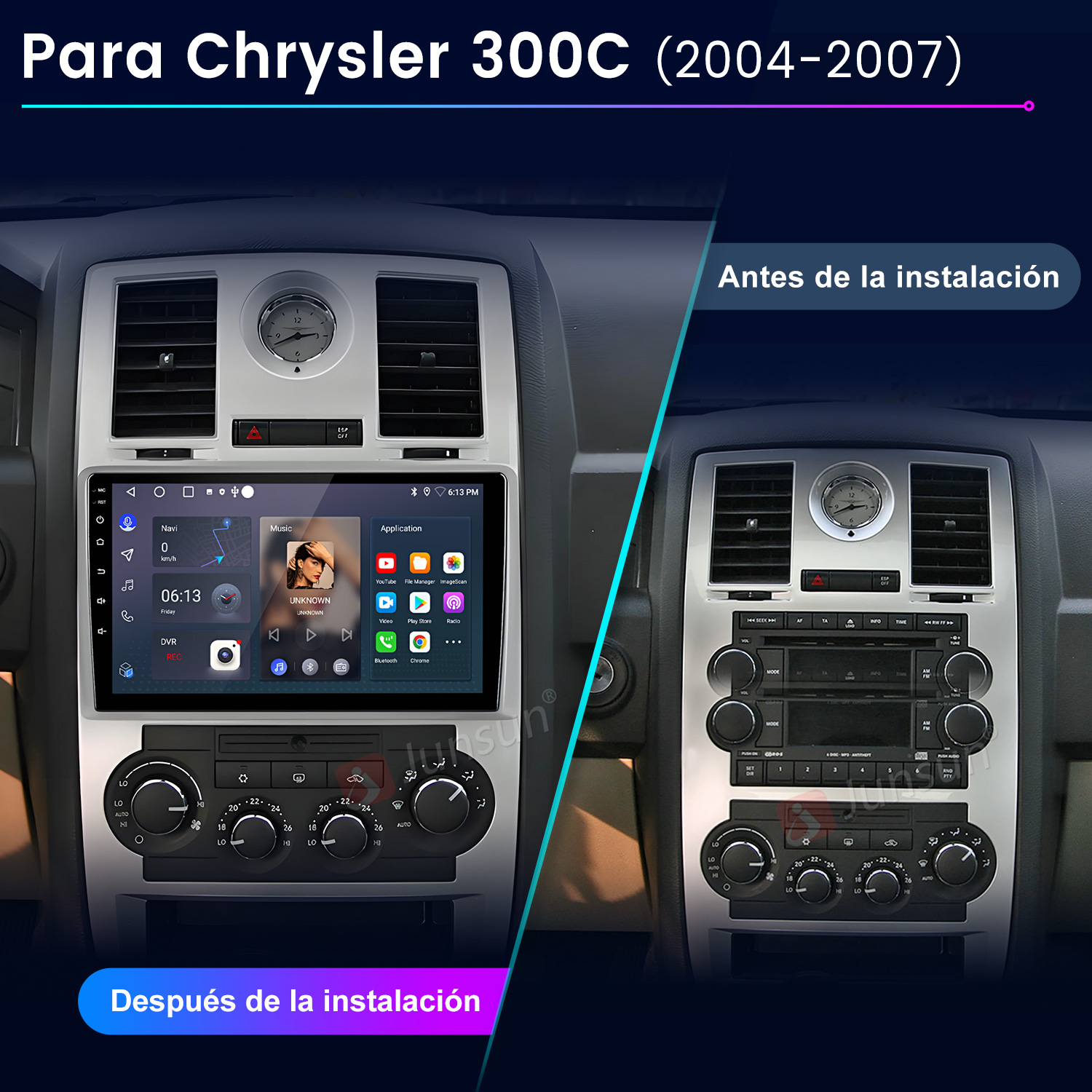 Comparación antes/después del salpicadero de un Chrysler 300C (2004-2007) con radio vieja y nueva.