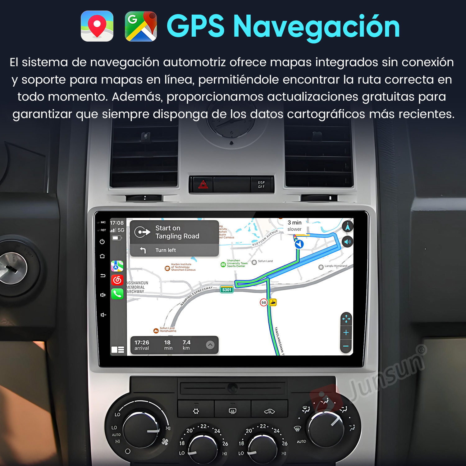 Sistema de navegación para coche mostrando mapas y guía de ruta en pantalla.