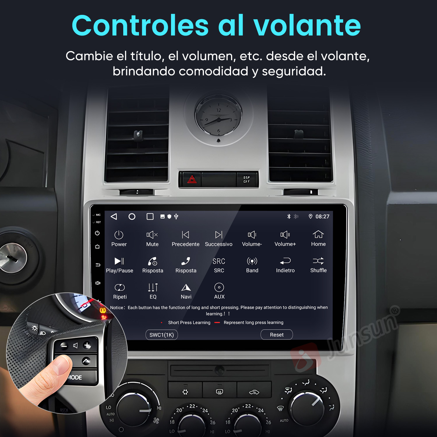 Sistema de infoentretenimiento para automóvil con controles en el volante.