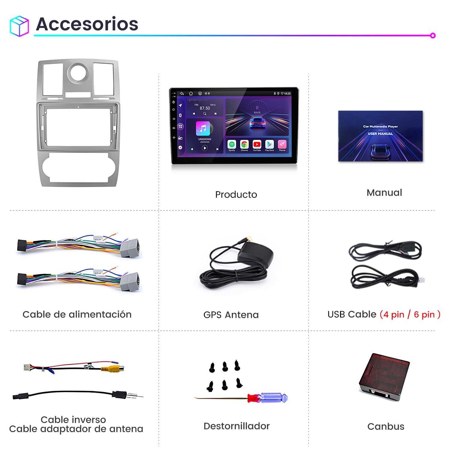 Accesorios de coche: panel de salpicadero, radio de coche, manual, cables, antena, cable USB, destornillador, Canbus.
