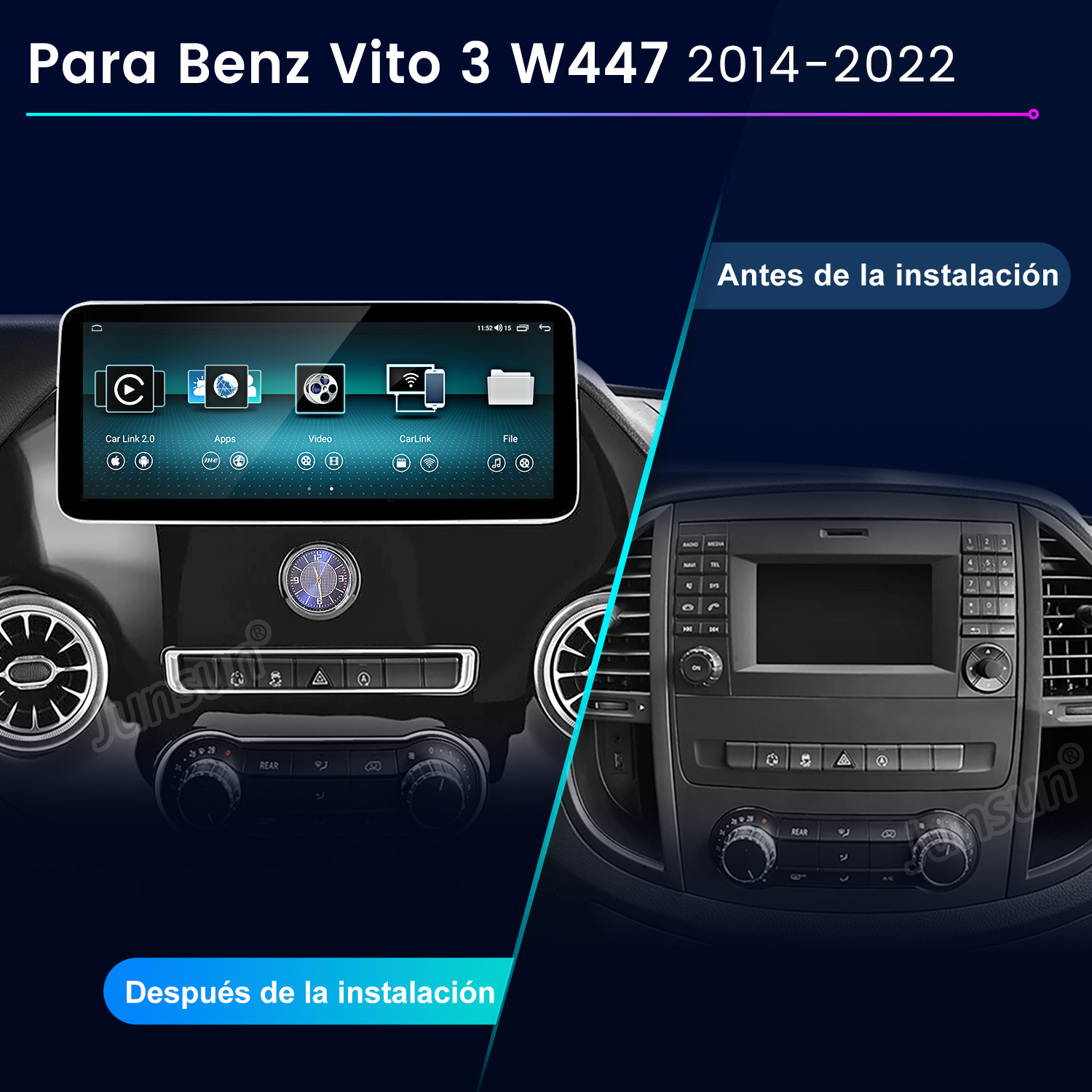 Comparación antes y después de un sistema de infoentretenimiento Mercedes Vito W447.