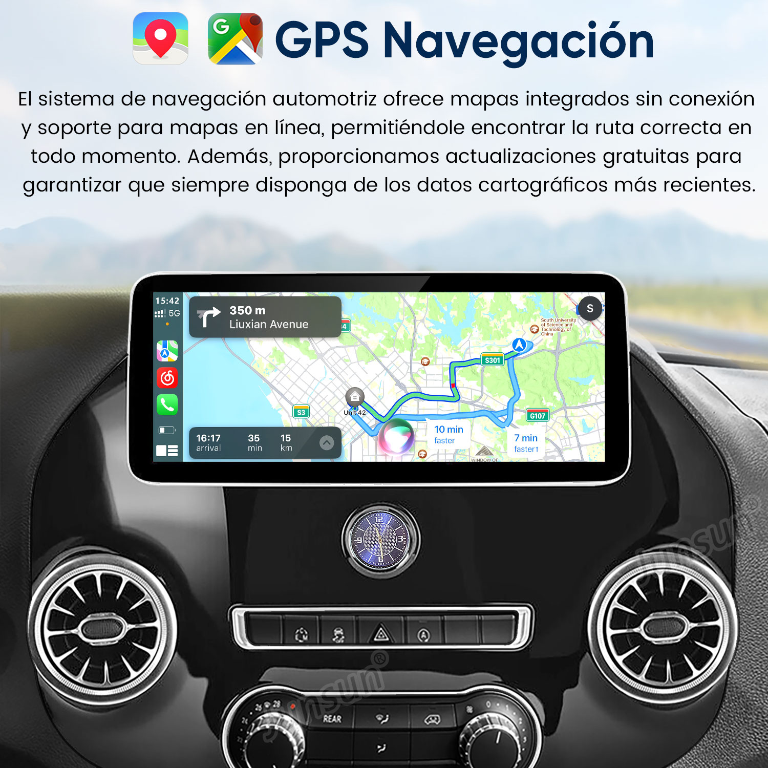 Salpicadero de coche con pantalla de navegación mostrando un mapa de calles. Incluye logos GPS.