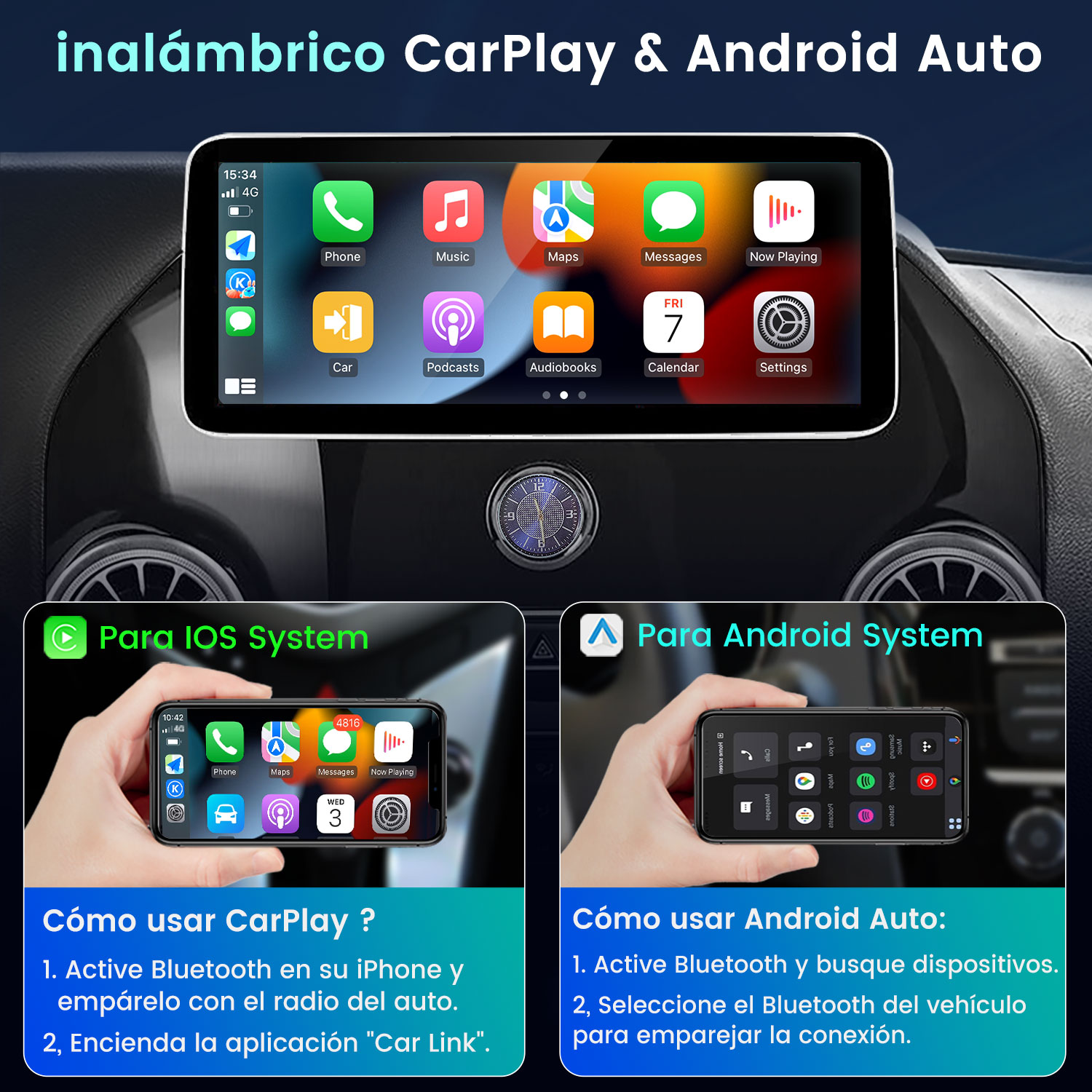 Sistema de infoentretenimiento de coche mostrando CarPlay y Android Auto en pantalla, con demos de teléfonos.