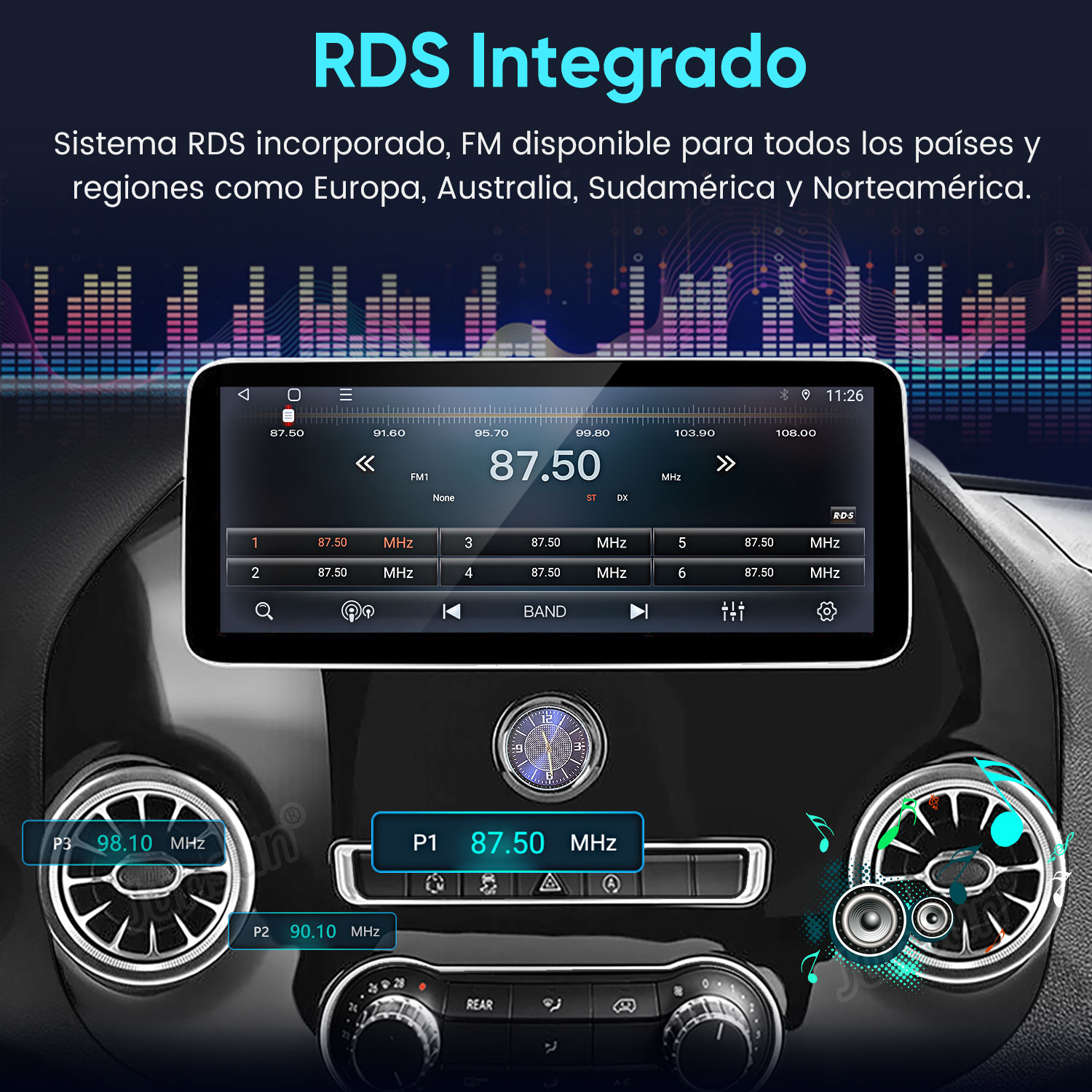 Salpicadero de coche mostrando una radio digital con función RDS.