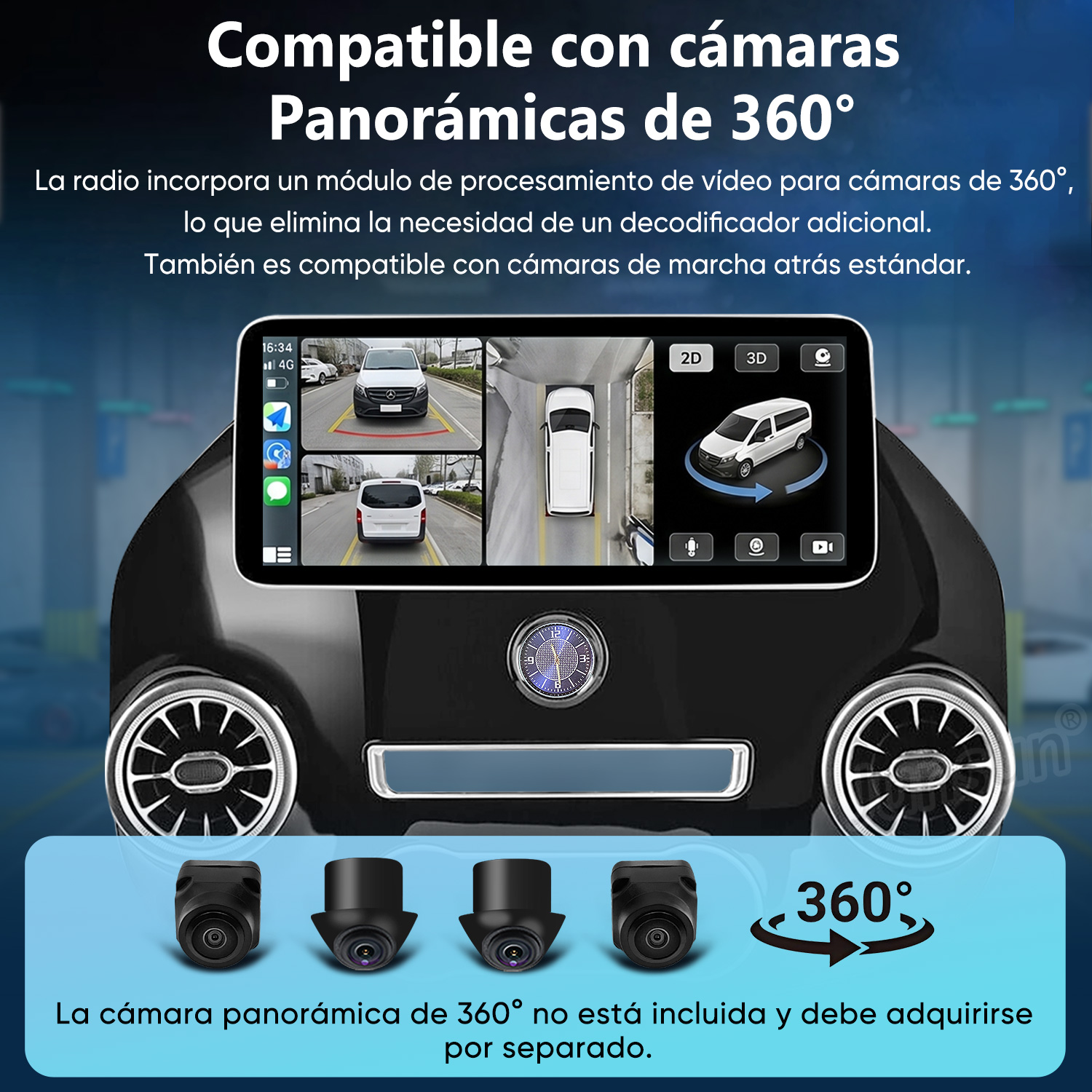 Radio de coche con vista de cámara 360° y tres cámaras.