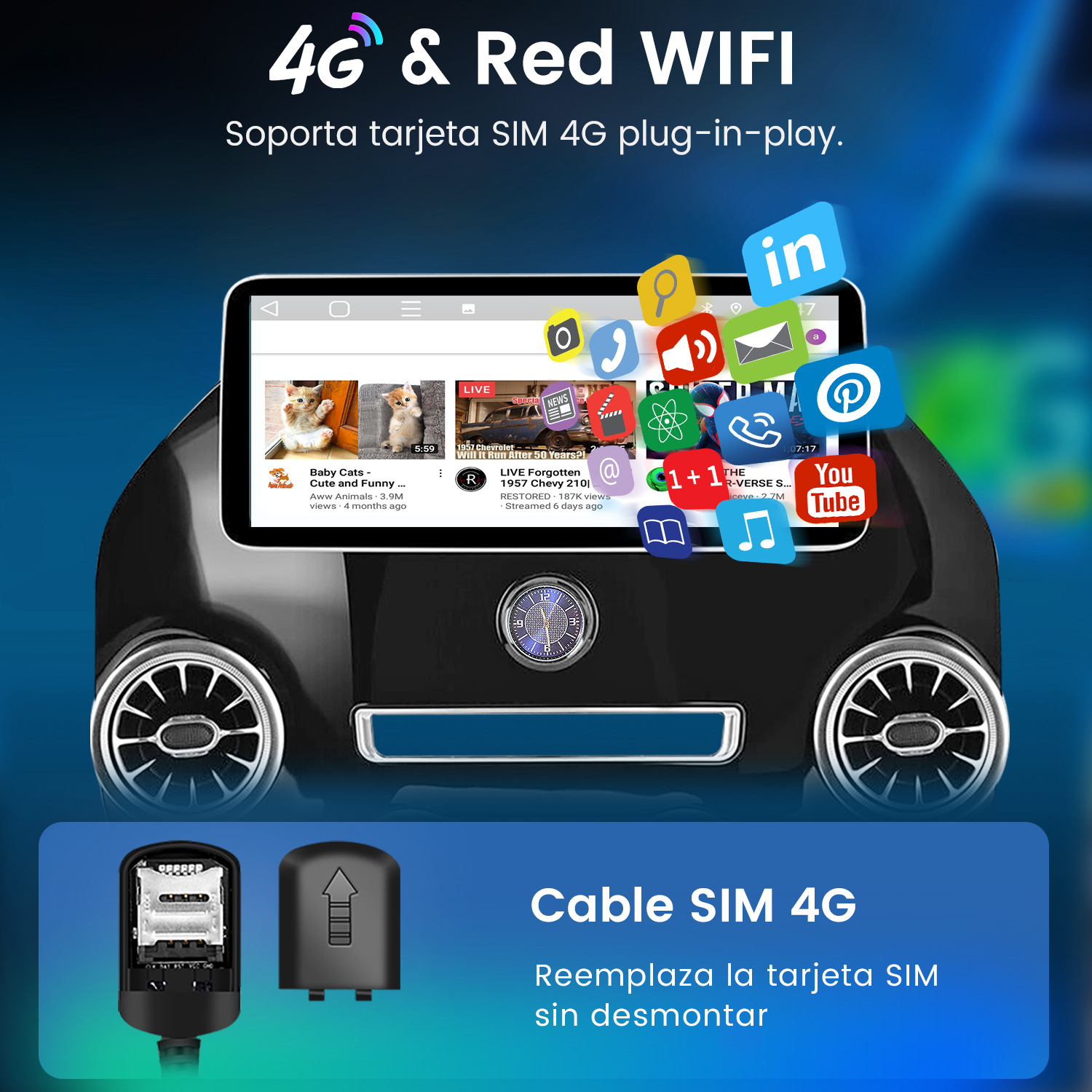 Dispositivo con 4G y Red WIFI y pantalla de tablet mostrando apps. Debajo hay un cable de SIM.