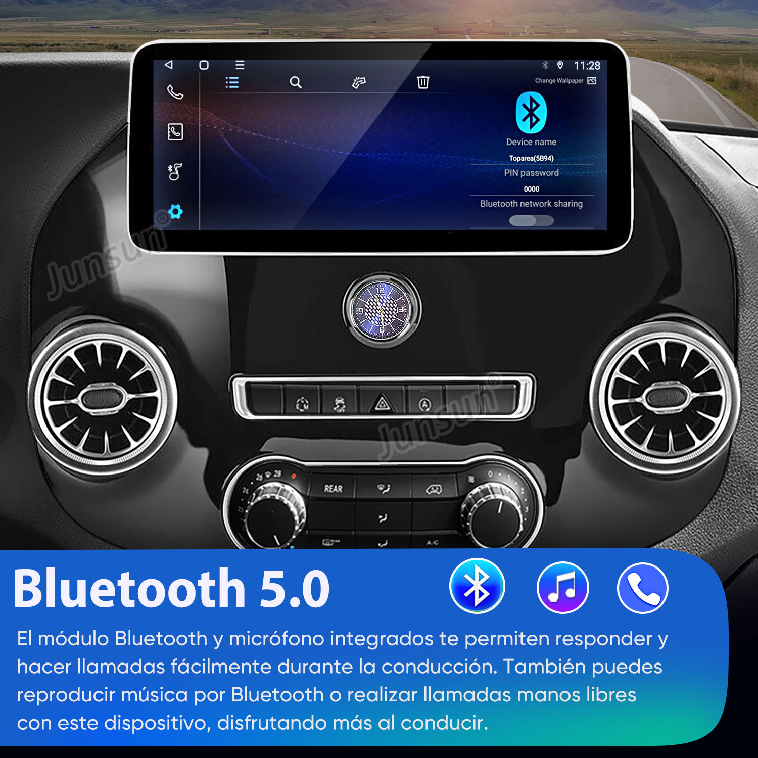Pantalla de infoentretenimiento del coche mostrando ajustes Bluetooth con info del dispositivo.