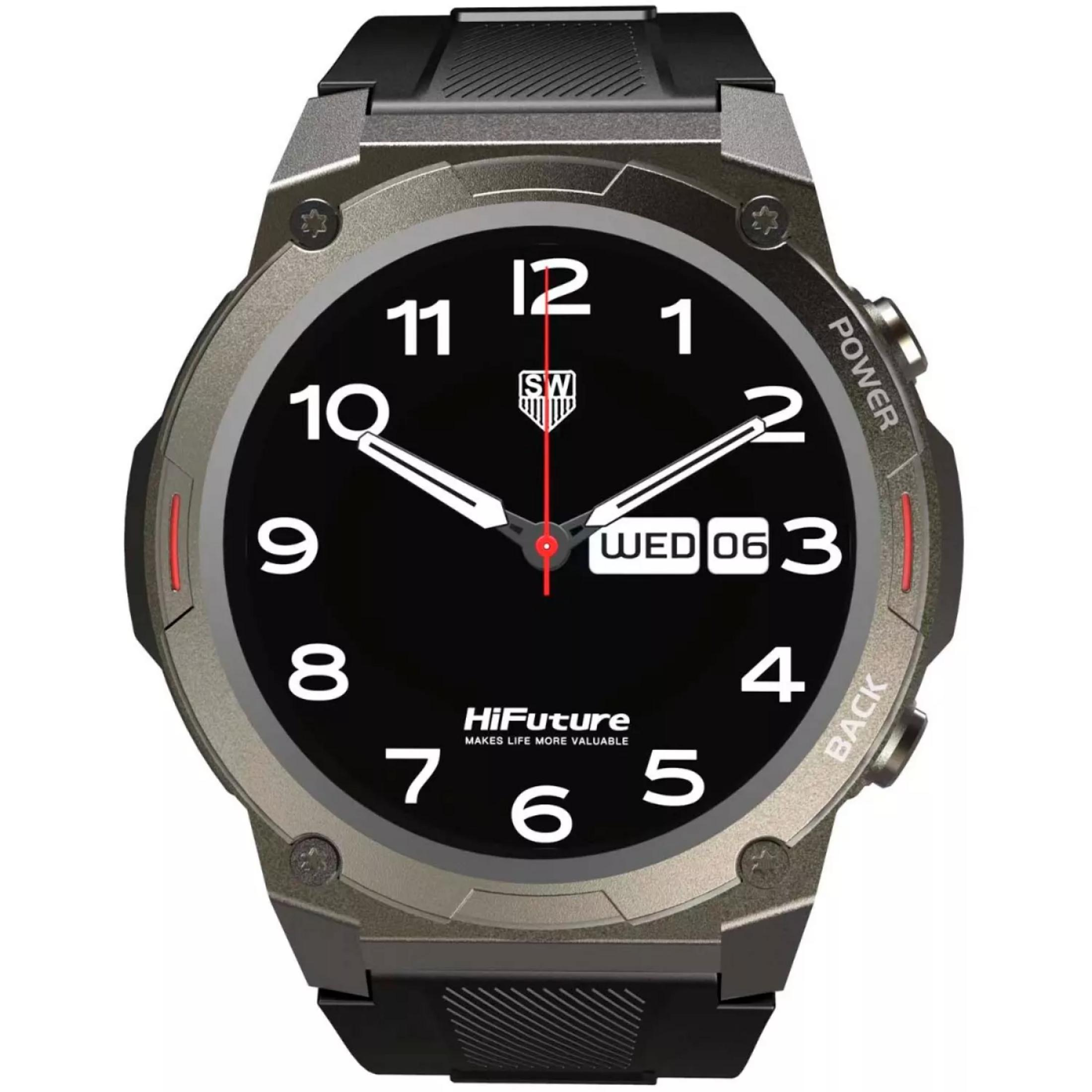 Smartwatch grigio con quadrante nero, numeri bianchi e display data.