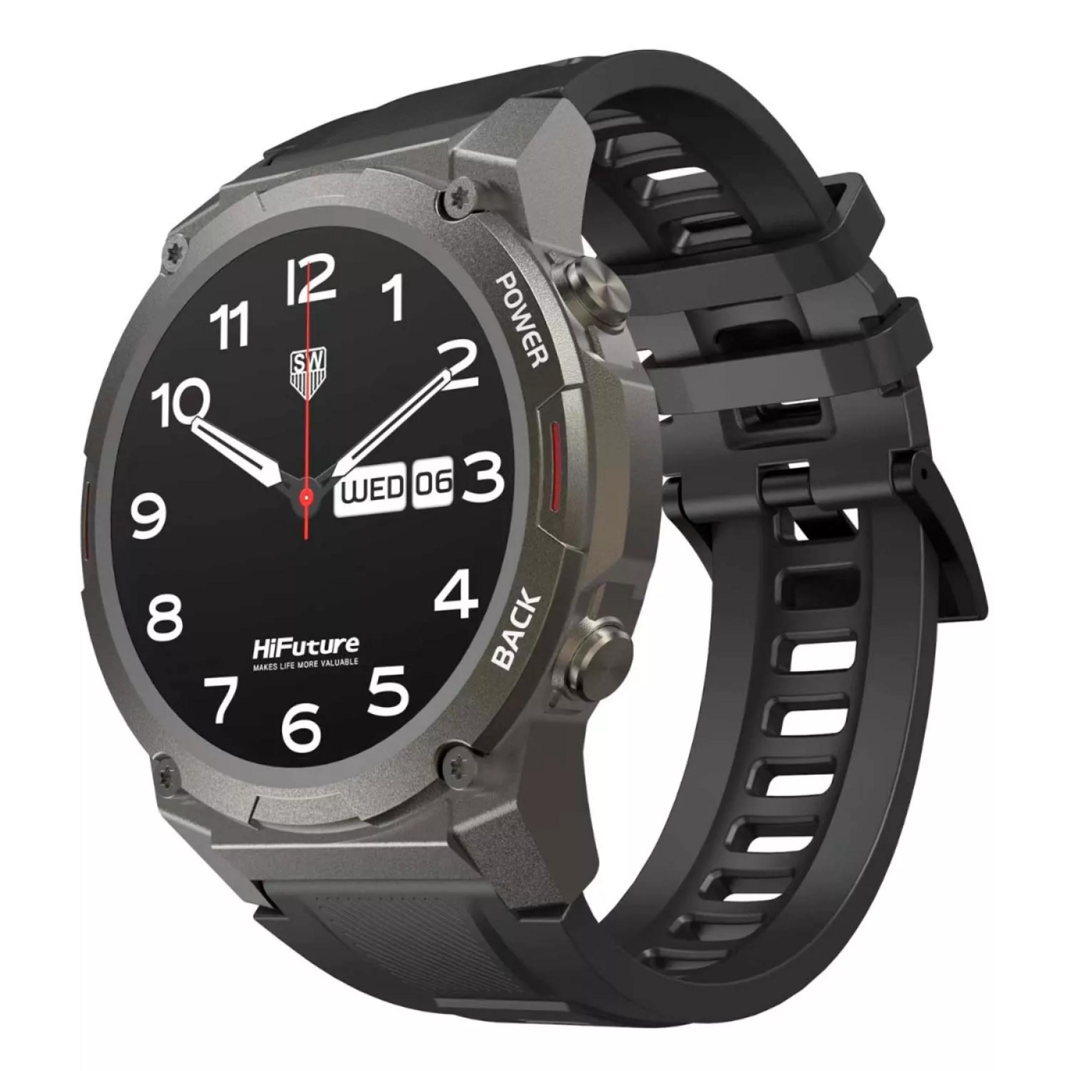 Smartwatch grigio con cinturino nero, quadrante nero, mercoledì 6.