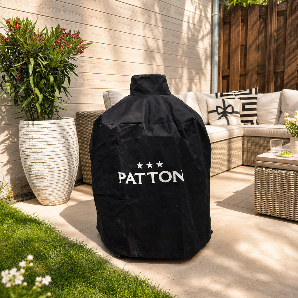Zwarte grillhoes met PATTON-logo op een zonnig terras naast een sofa.
