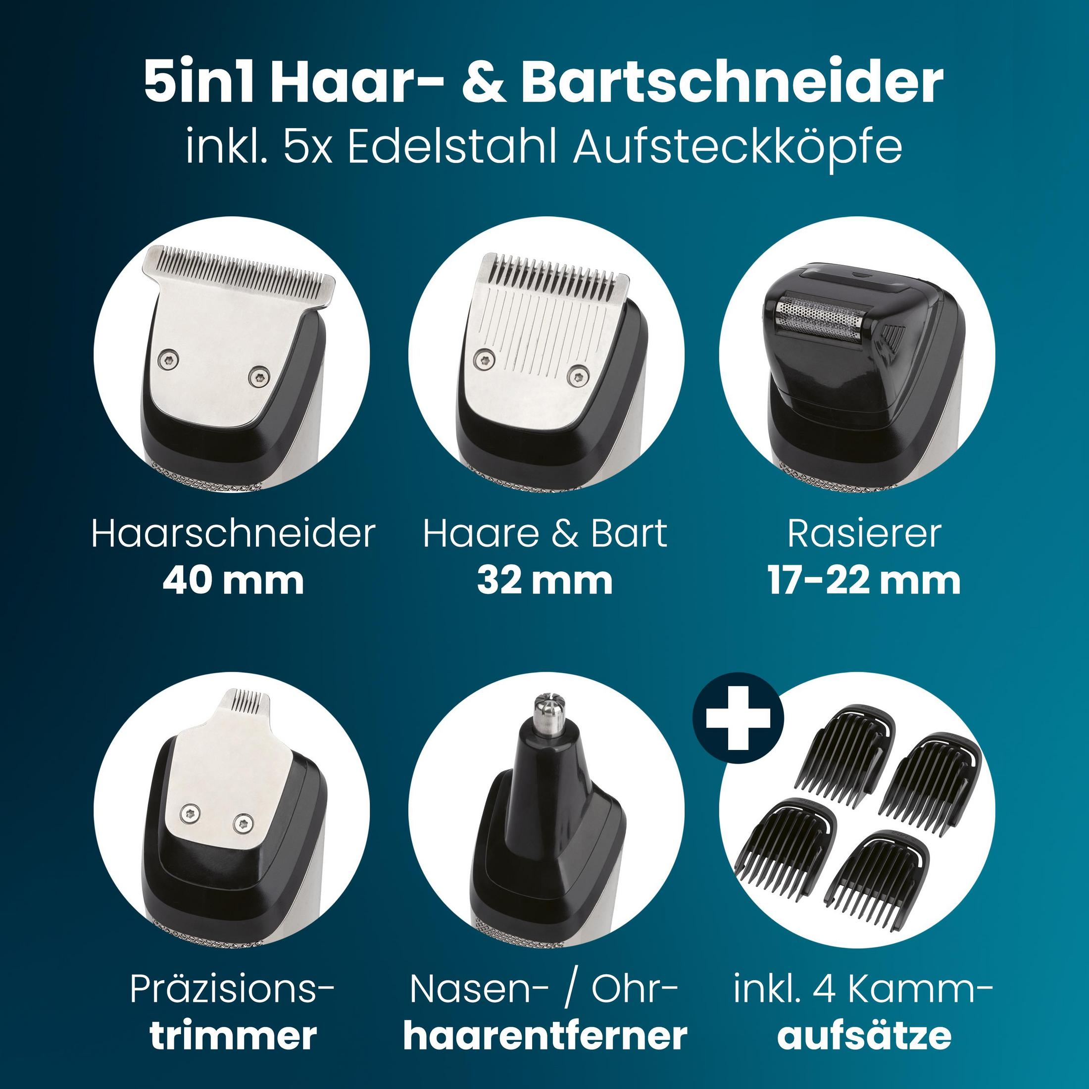 Set tagliacapelli e barba 5 in 1 con 5 accessori e 4 pettini.