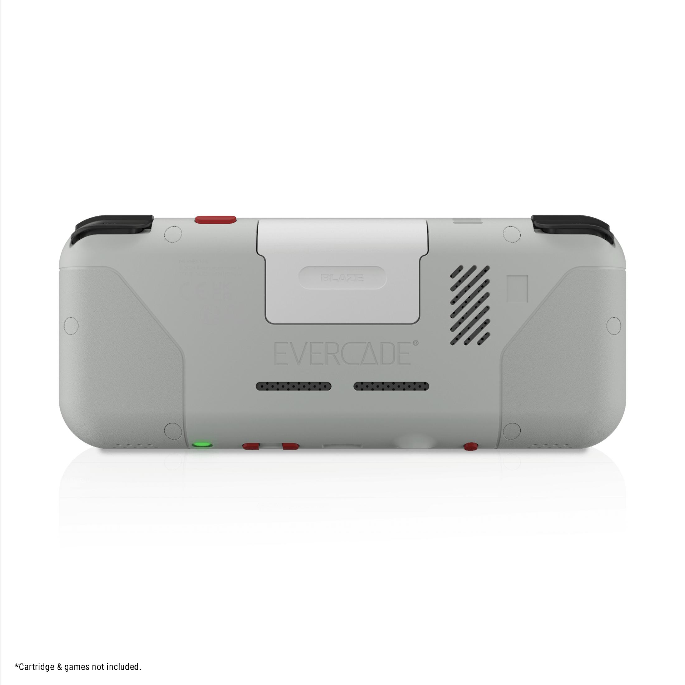 Un dispositivo portátil retro gris con agarres negros y acentos rojos.