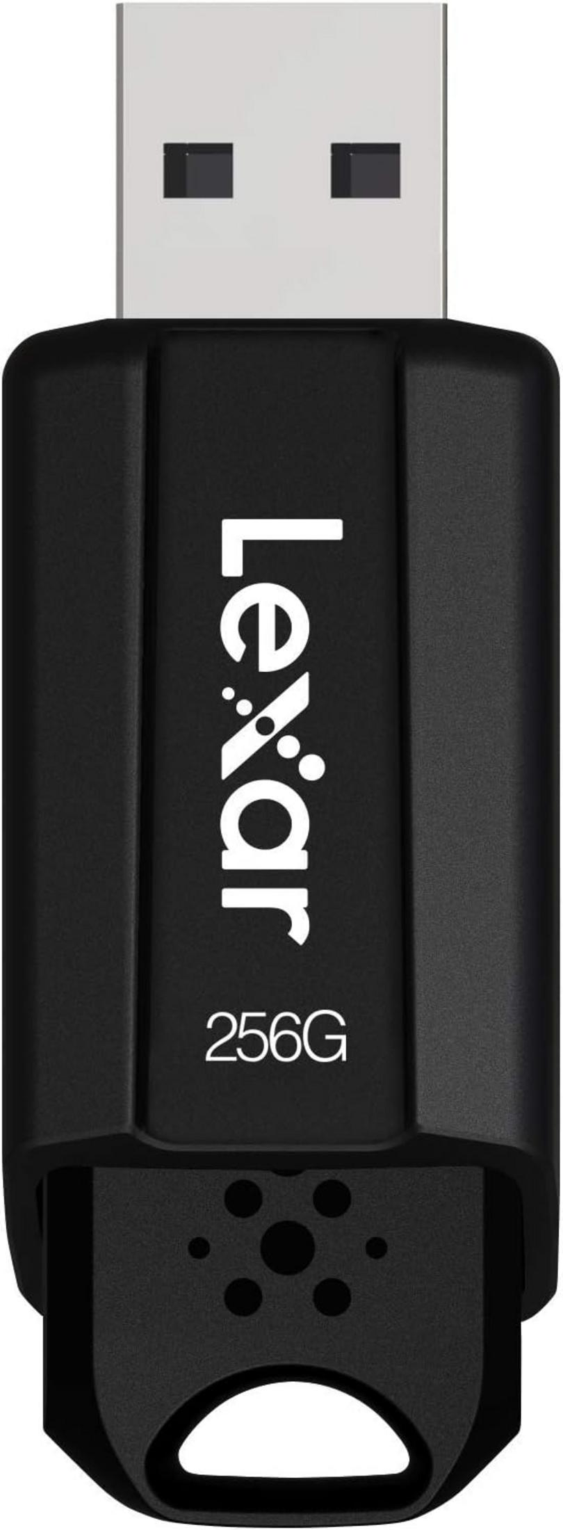 Chiavetta USB Lexar nera da 256 GB con connettore e logo bianchi.