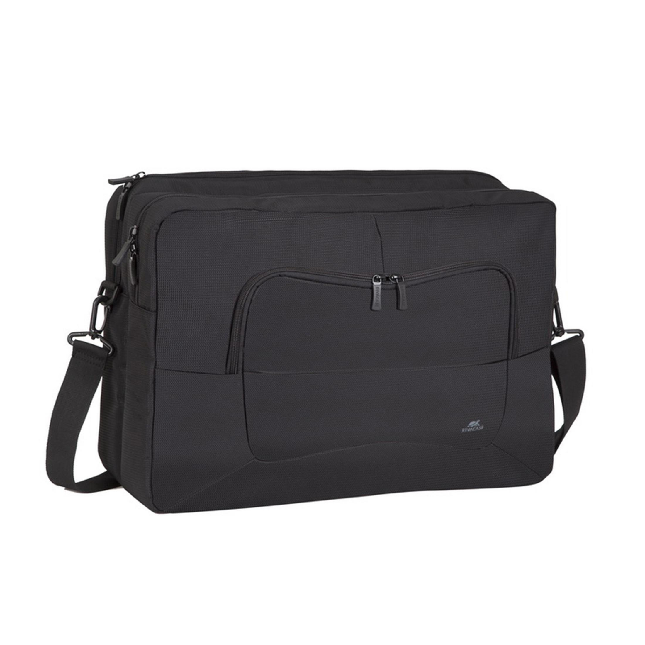 Schwarze Laptoptasche mit zwei Reißverschlüssen vorne und einem Schultergurt.