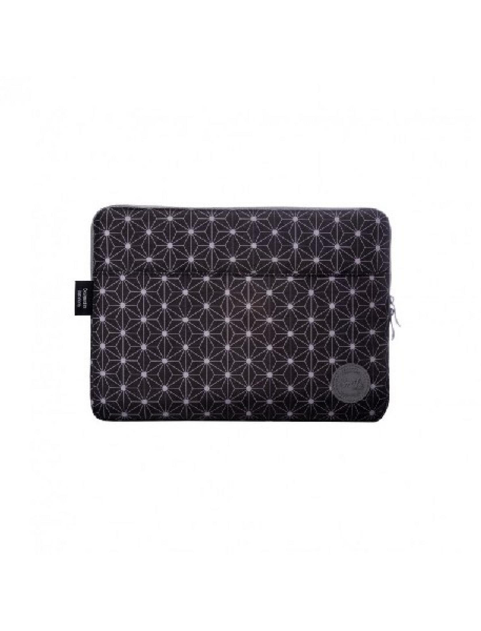 Custodia nera per laptop con motivo geometrico e chiusura a zip.