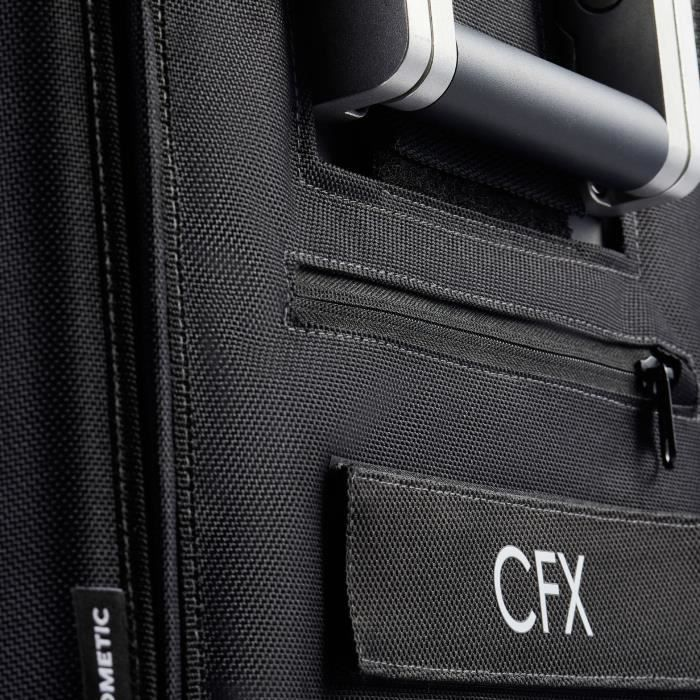 Black bag with zipper, handle, and CFX logo.
