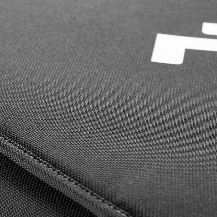 Gray fabric with a white logo, close-up view.