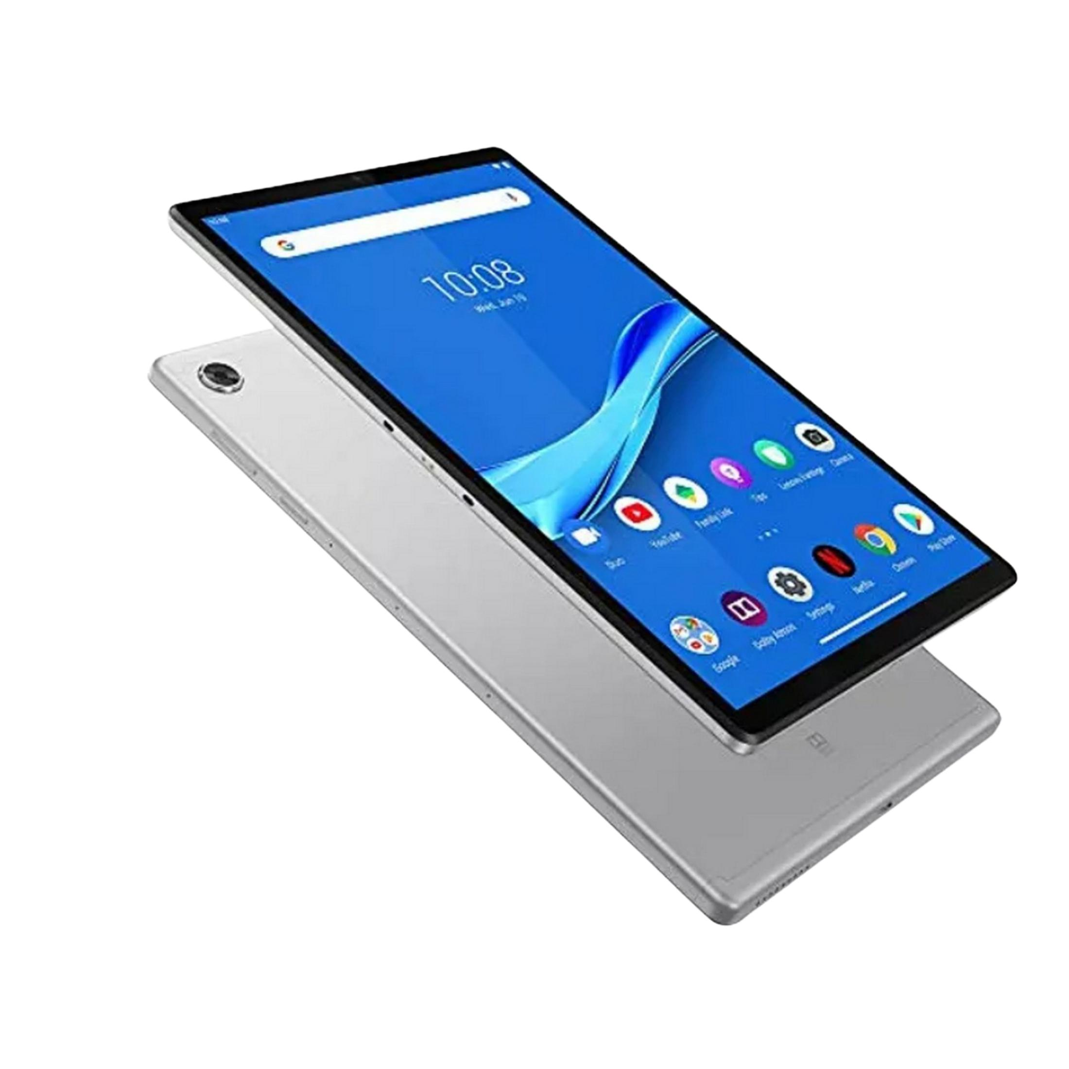 Srebrny tablet z niebieskim ekranem wyświetlającym ikony aplikacji.