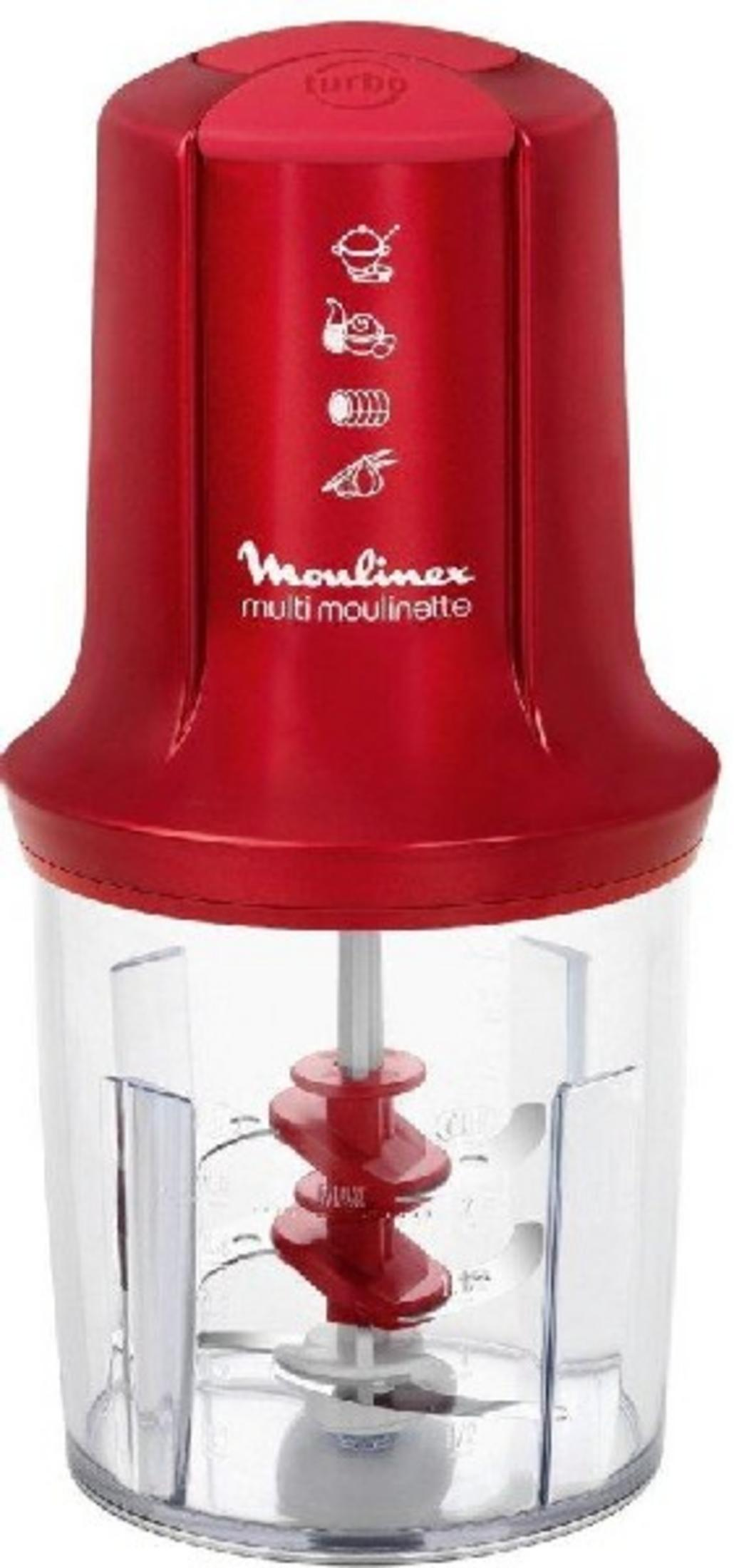 Un tritatutto Moulinex Multi Moulinette rosso con contenitore trasparente e lame.