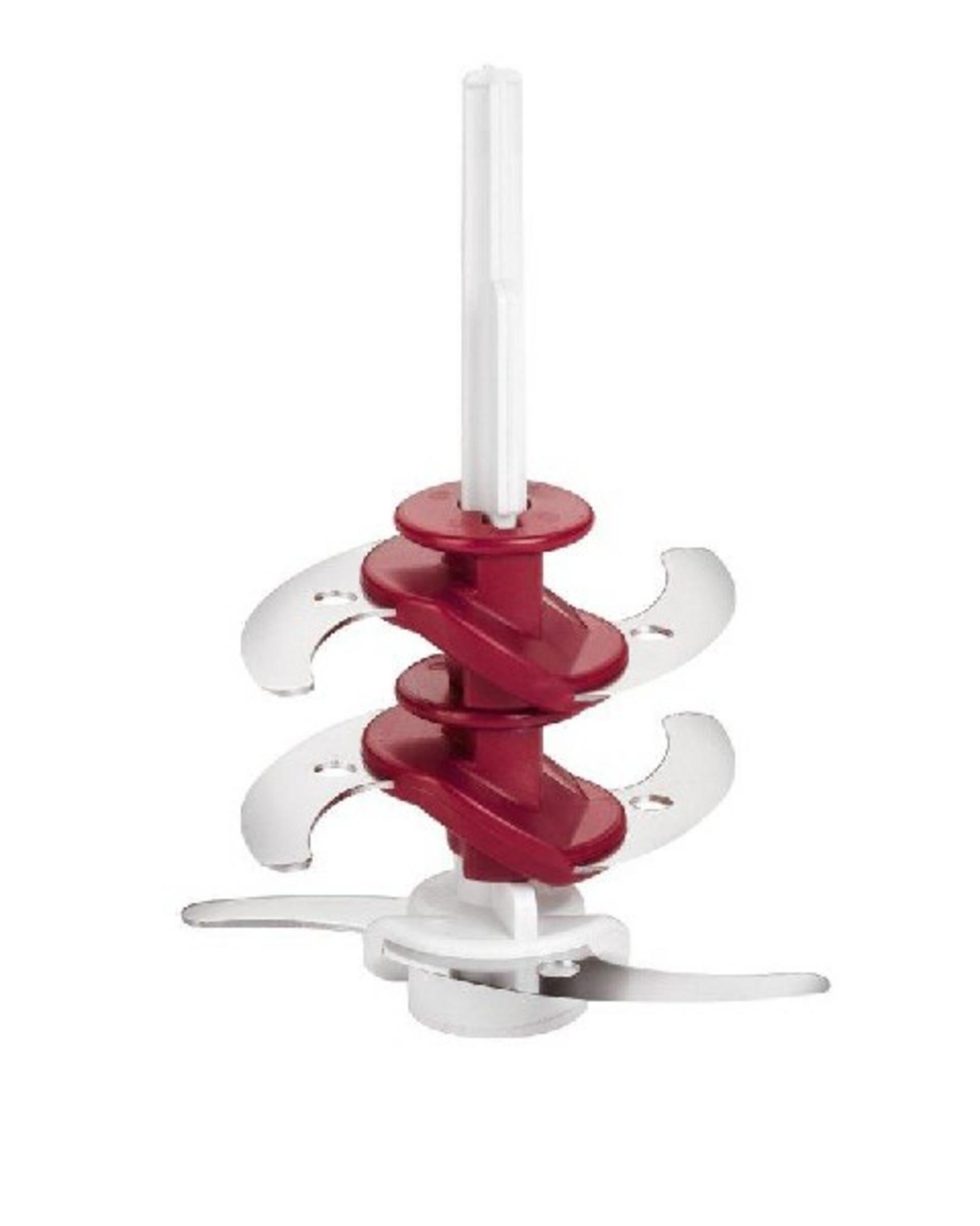 Un albero bianco con accessori a spirale rossi e lame bianche.