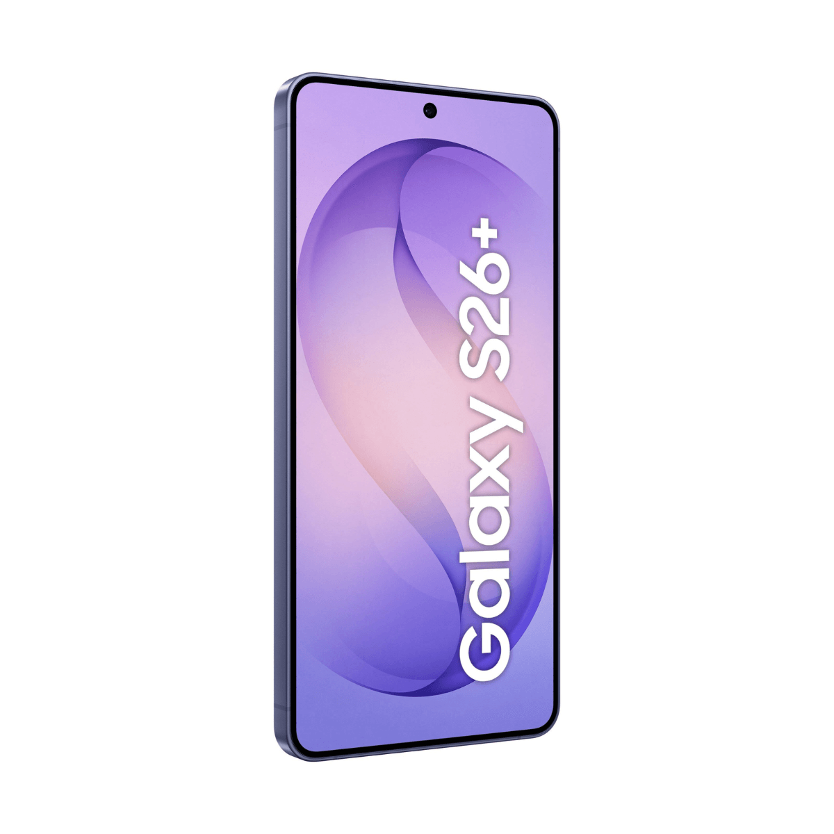 Uno smartphone viola con testo 'Galaxy S26+' sullo schermo.