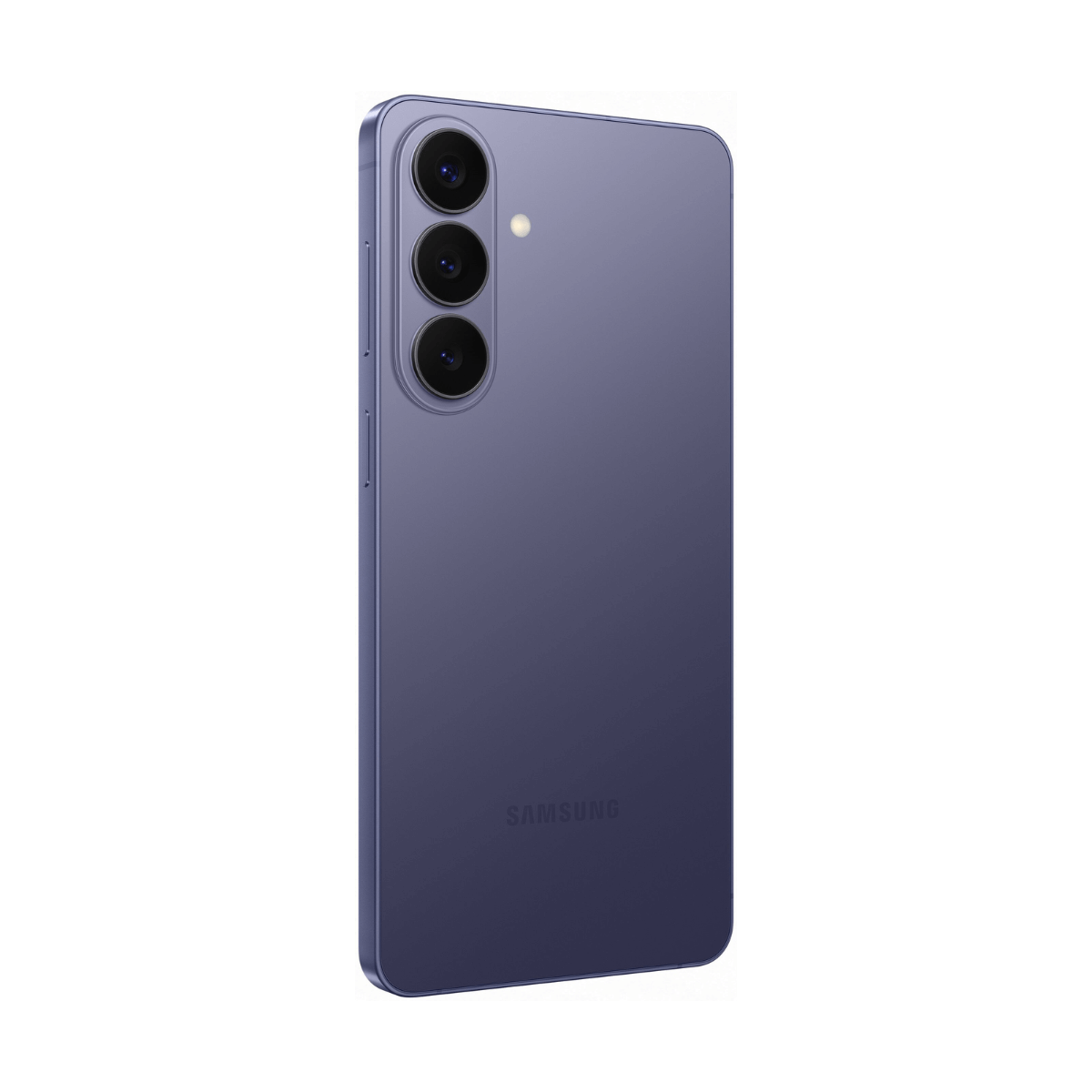 Retro di uno smartphone viola con tre fotocamere e il logo Samsung.