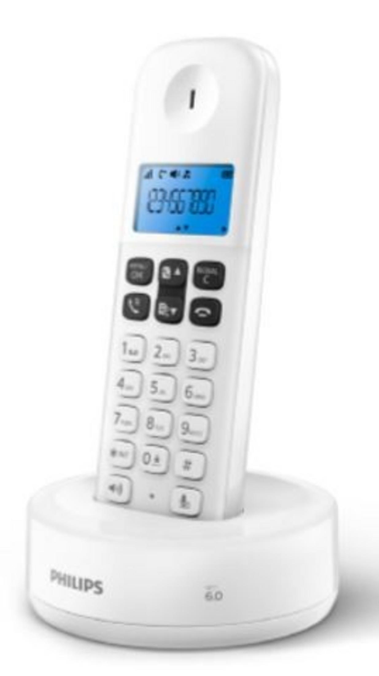 Teléfono inalámbrico blanco Philips con pantalla azul y teclado numérico, en su base de carga.
