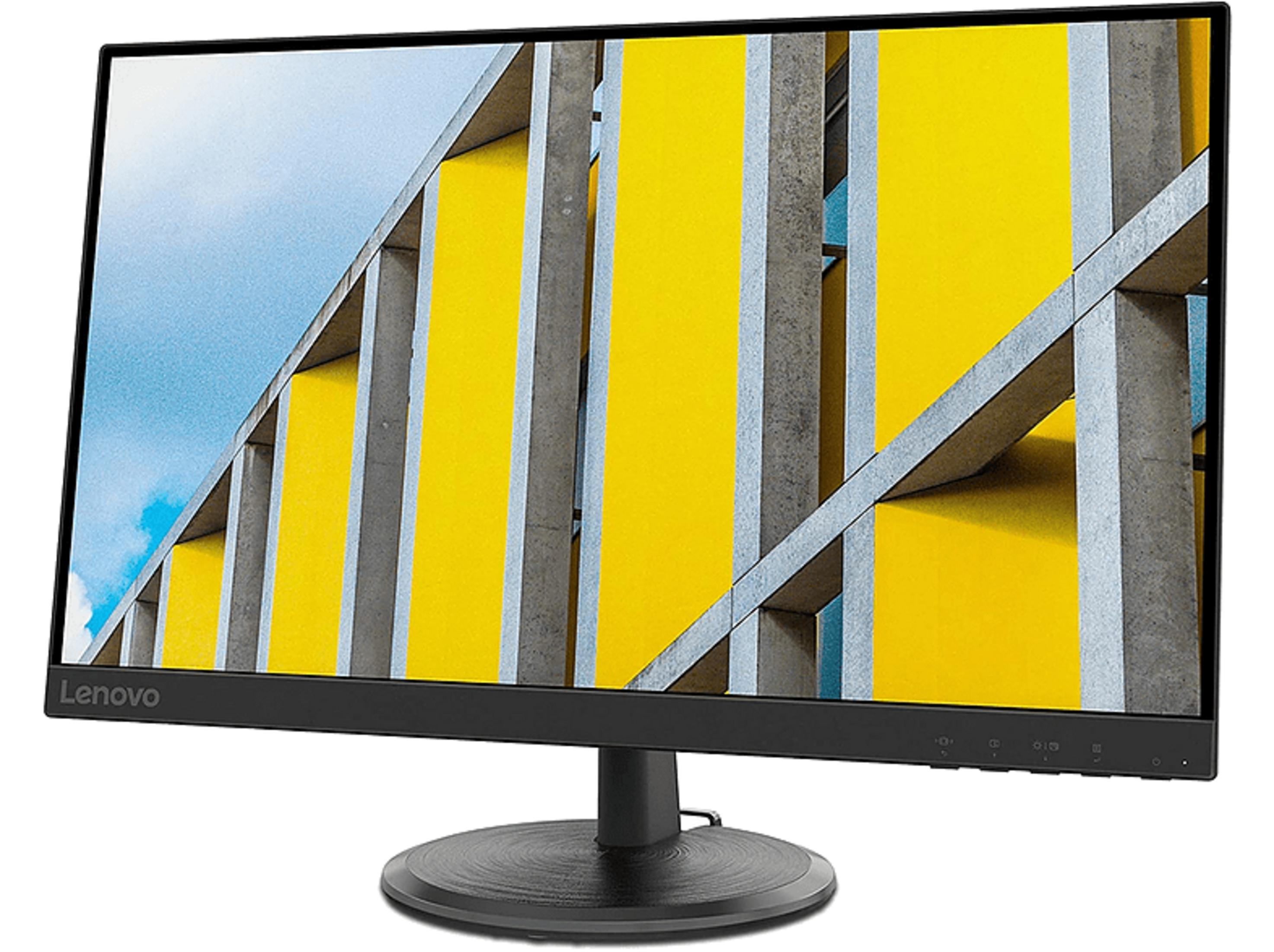 Ein Lenovo-Monitor mit einem abstrakten Hintergrund aus gelben und grauen Balken.