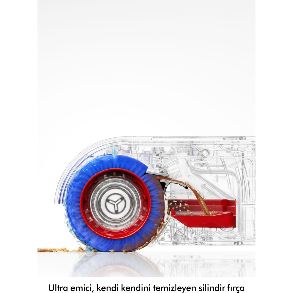 Testina trasparente per pulizia a umido con spazzola blu e serbatoio rosso. Liquido scorre.