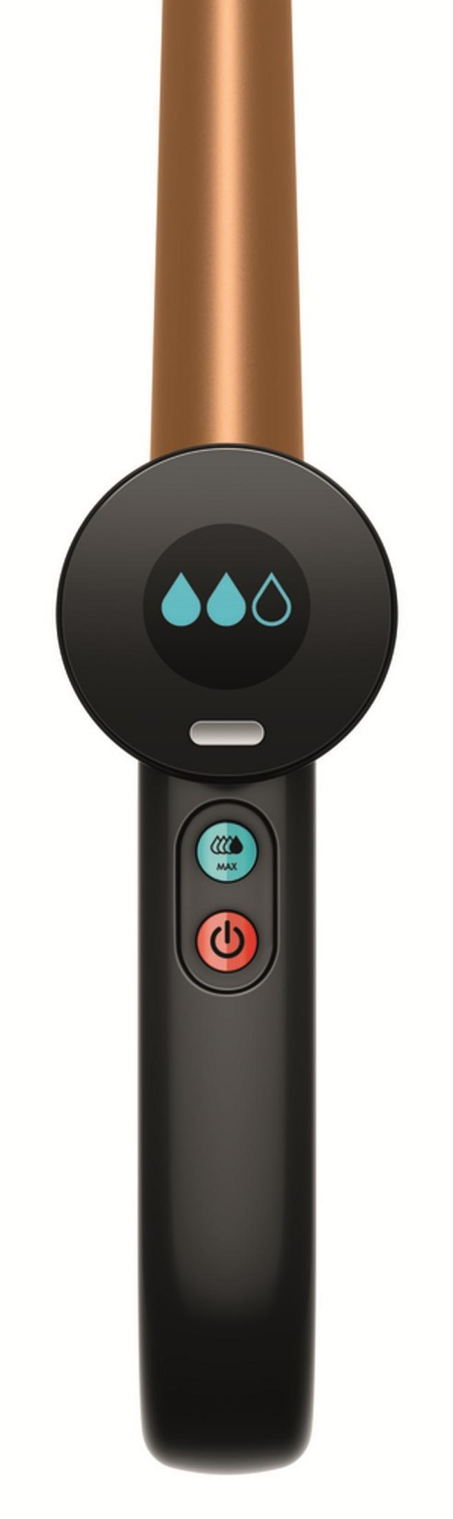 Un'asta color bronzo con manico nero e icone di gocce d'acqua blu.