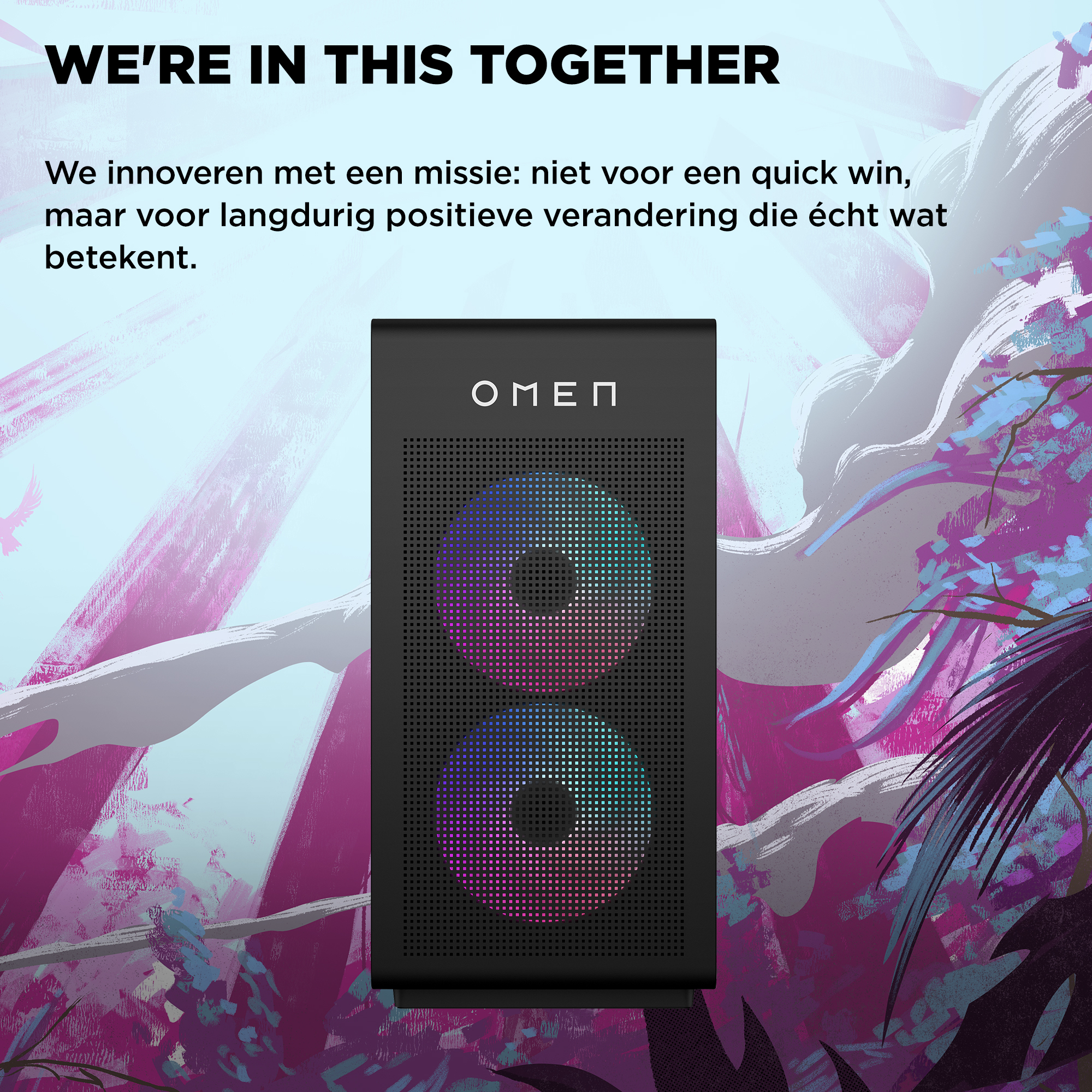 Een zwarte pc met RGB-verlichting, tegen een abstracte, kleurrijke achtergrond.